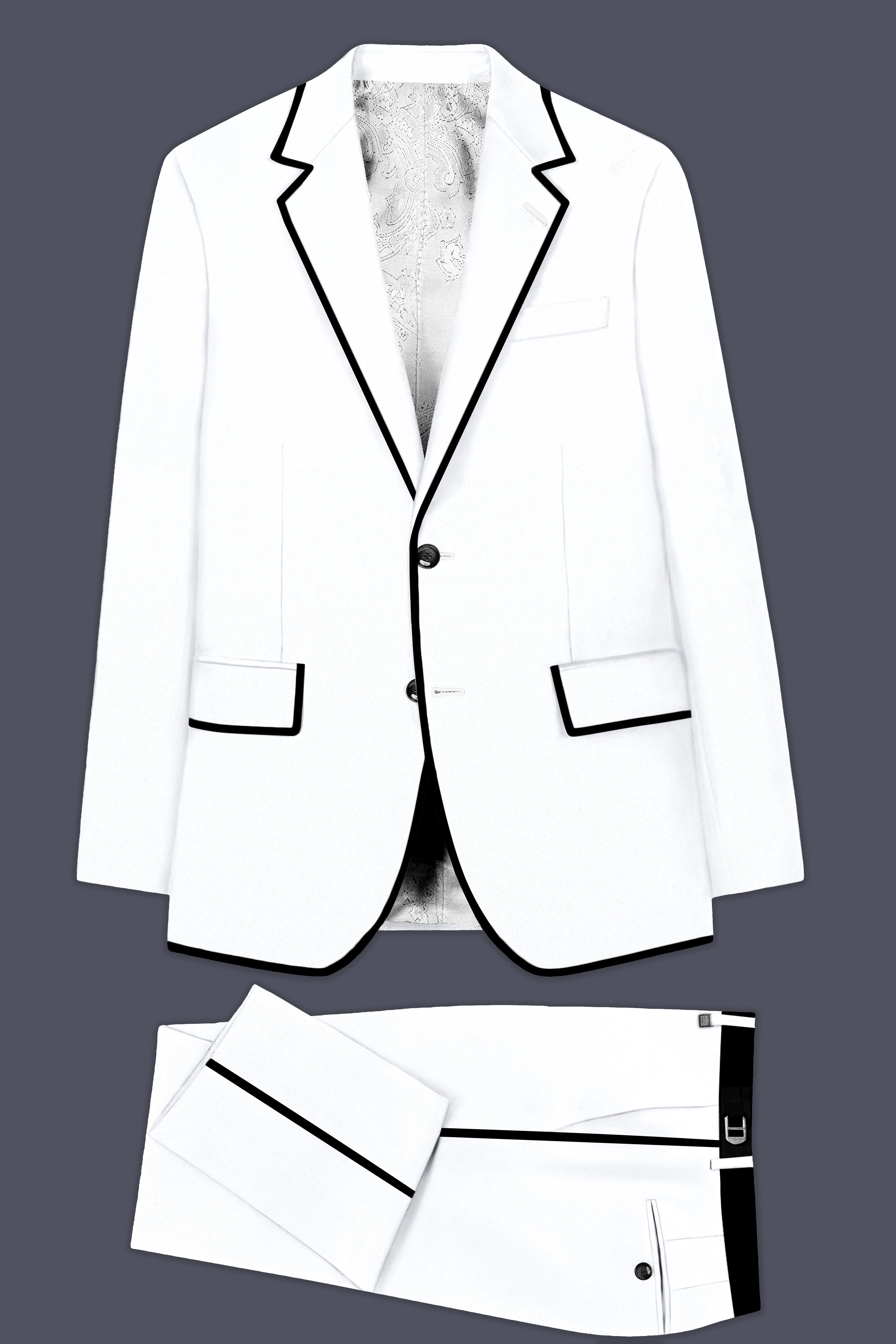 Zenith-Bright White Stretchable Subtle Sheen with Black Border Patterned Designer Suit