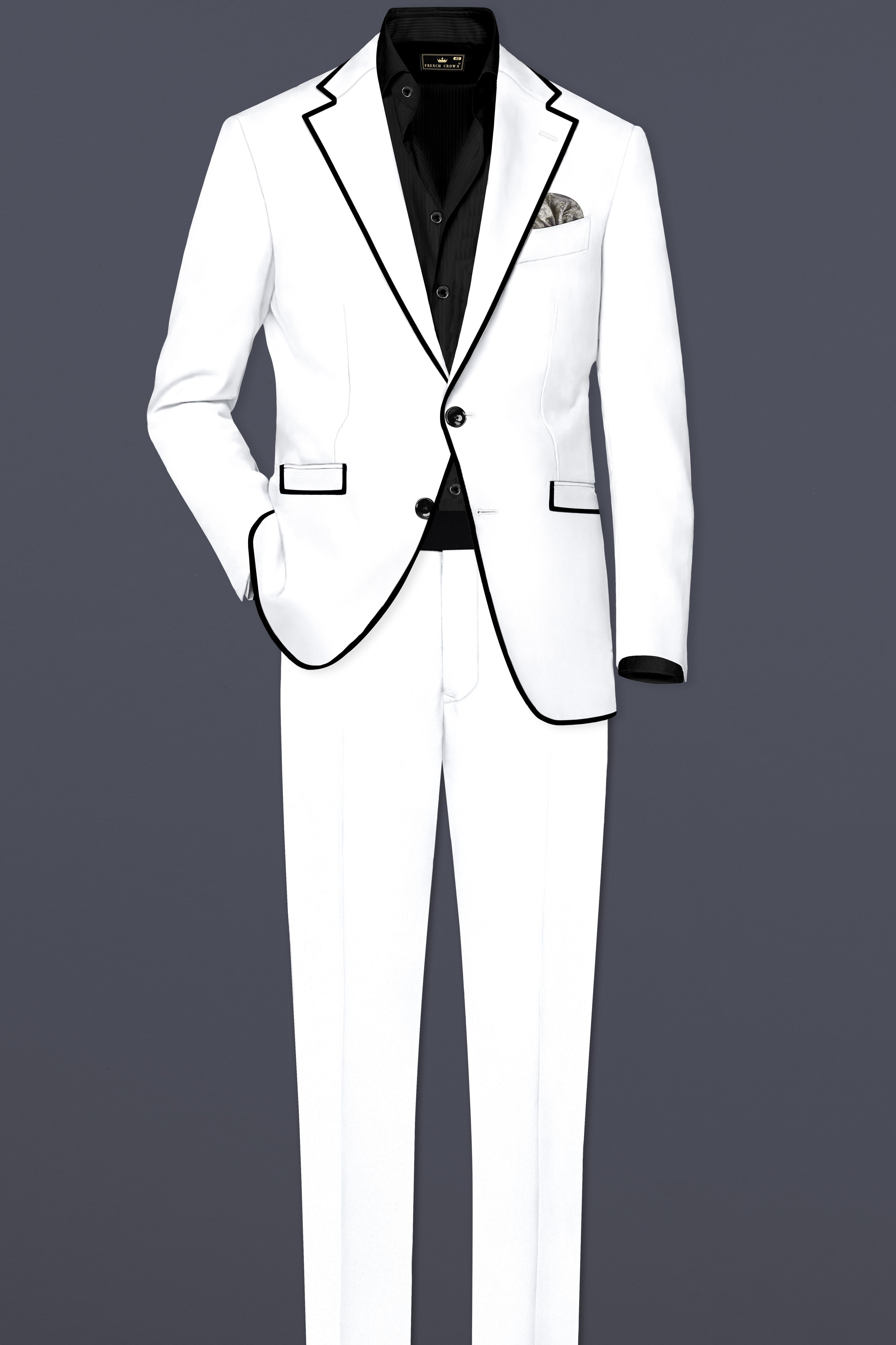 Zenith-Bright White Stretchable Subtle Sheen with Black Border Patterned Designer Suit