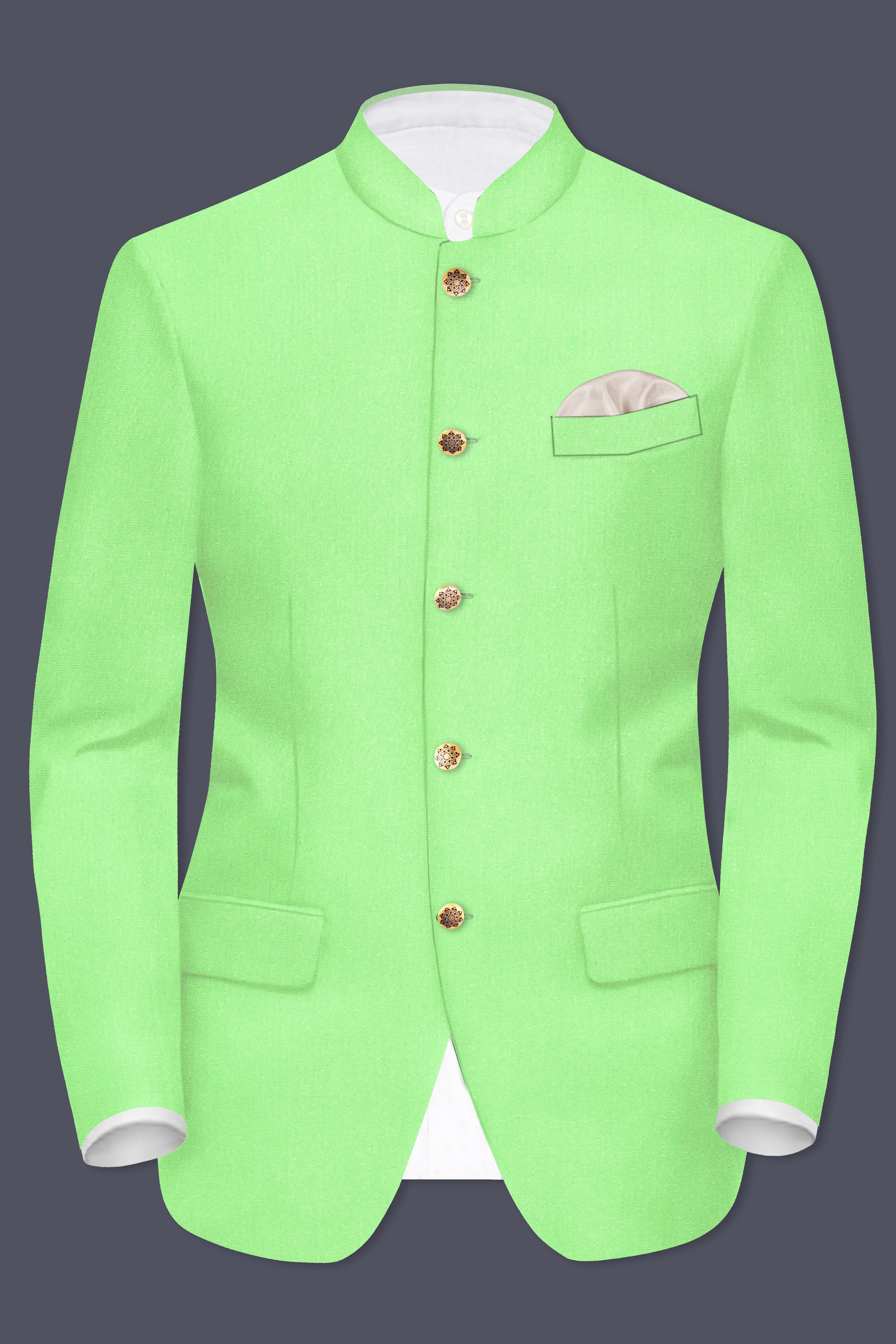 Emerald-Mint Green Solid Wool Rich Bandhgala Stretchable traveler Suit