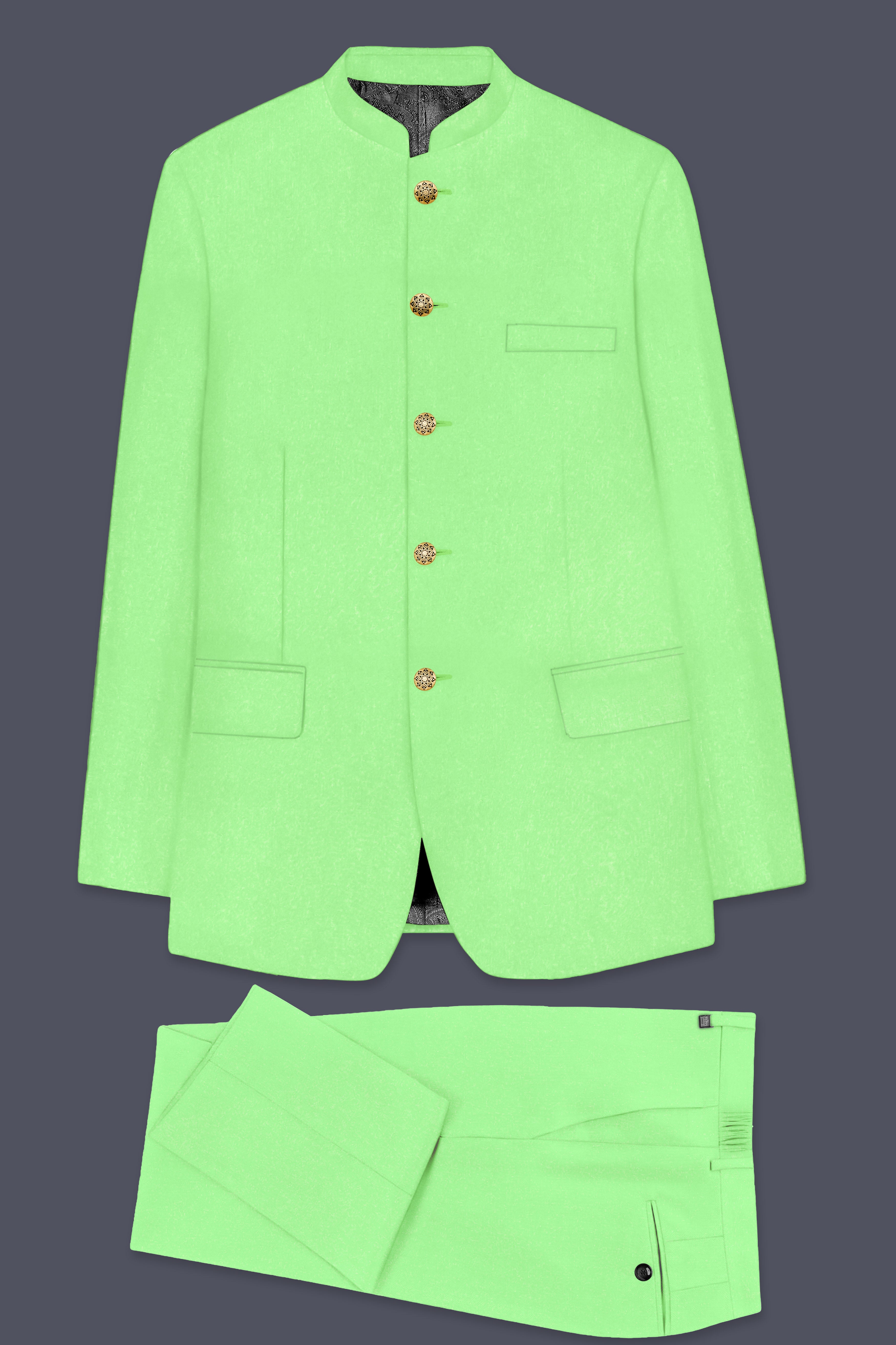 Emerald-Mint Green Solid Wool Rich Bandhgala Stretchable traveler Suit