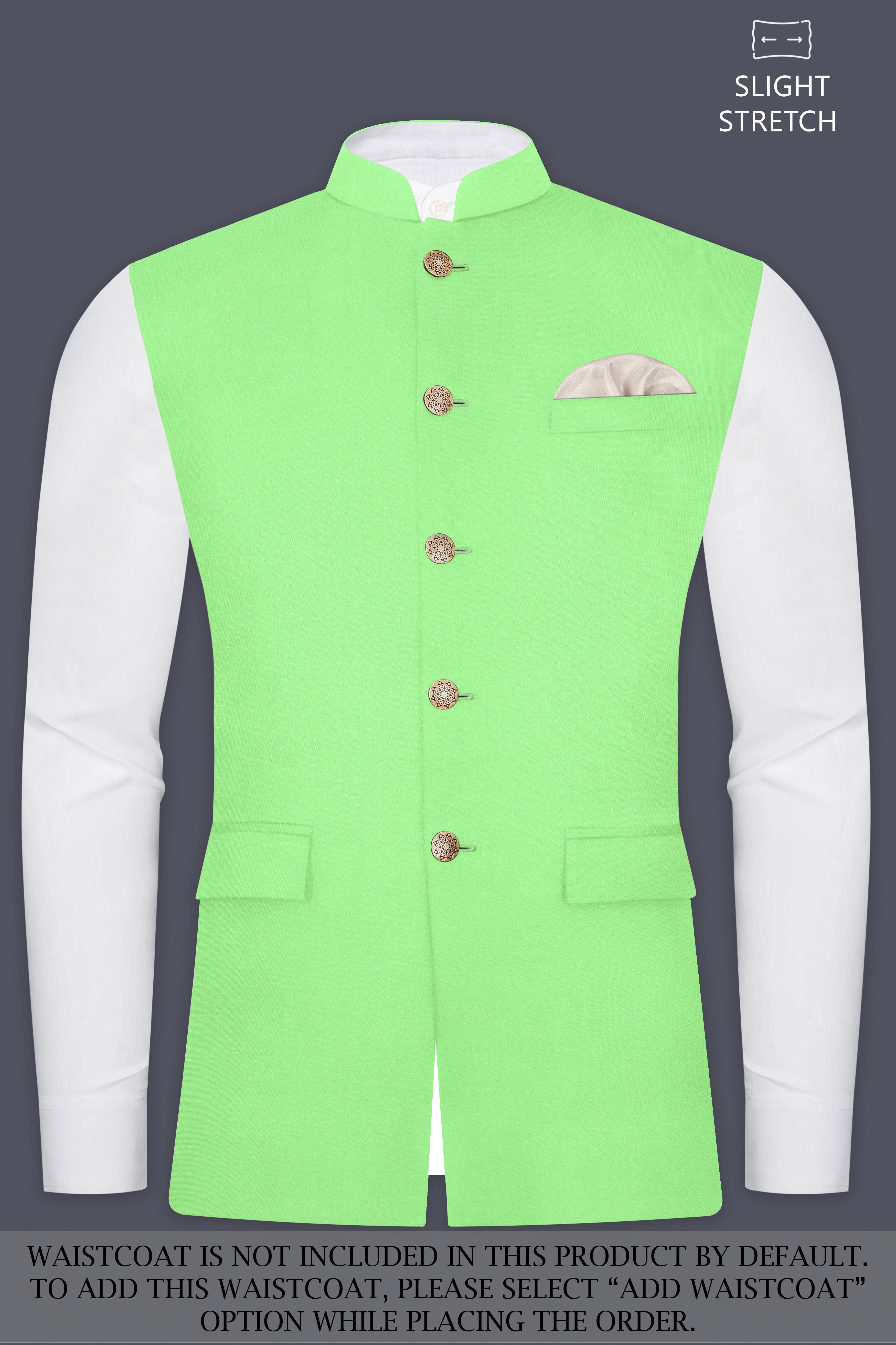 Emerald-Mint Green Solid Wool Rich Bandhgala Slight Stretch Suit