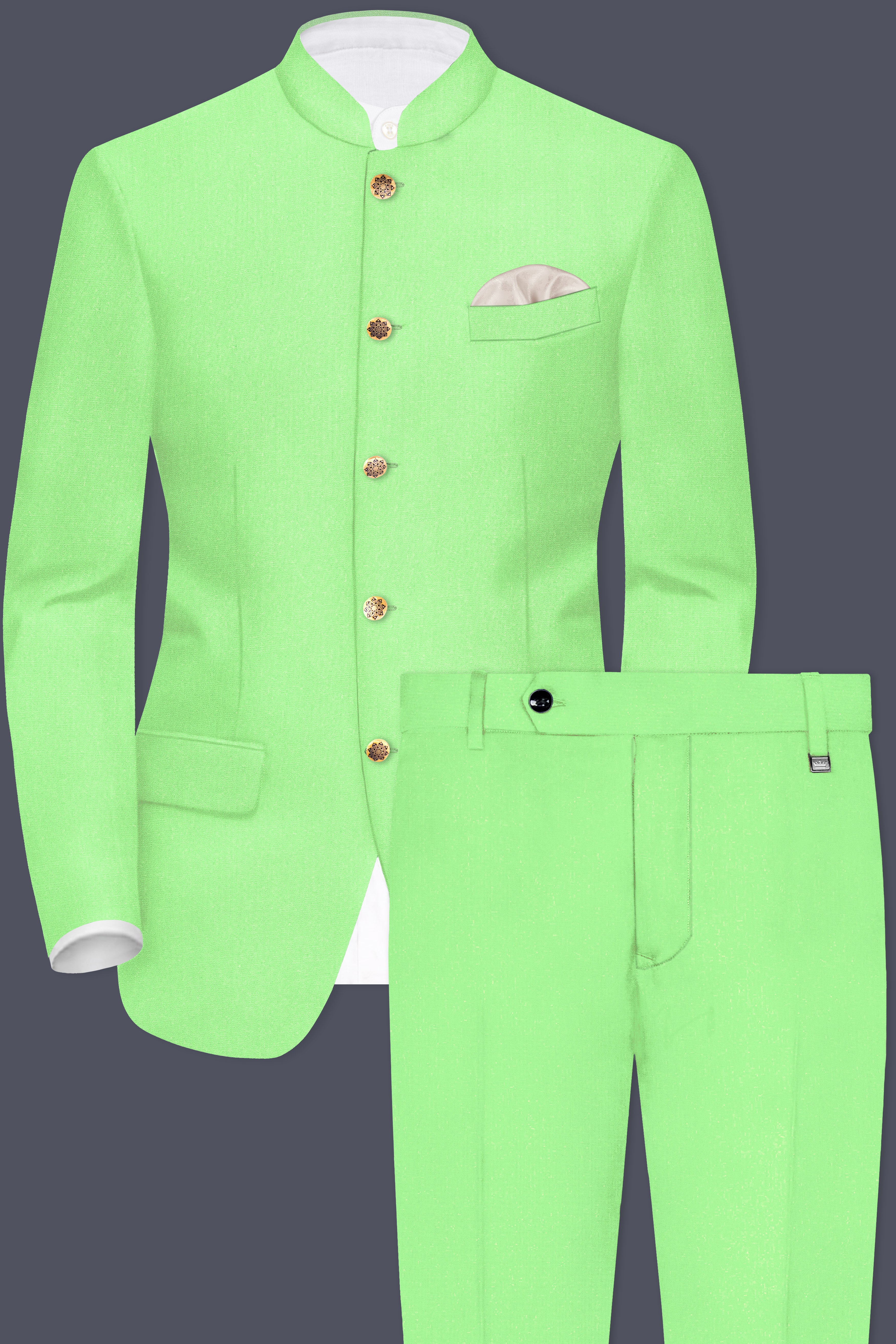 Emerald-Mint Green Solid Wool Rich Bandhgala Suit