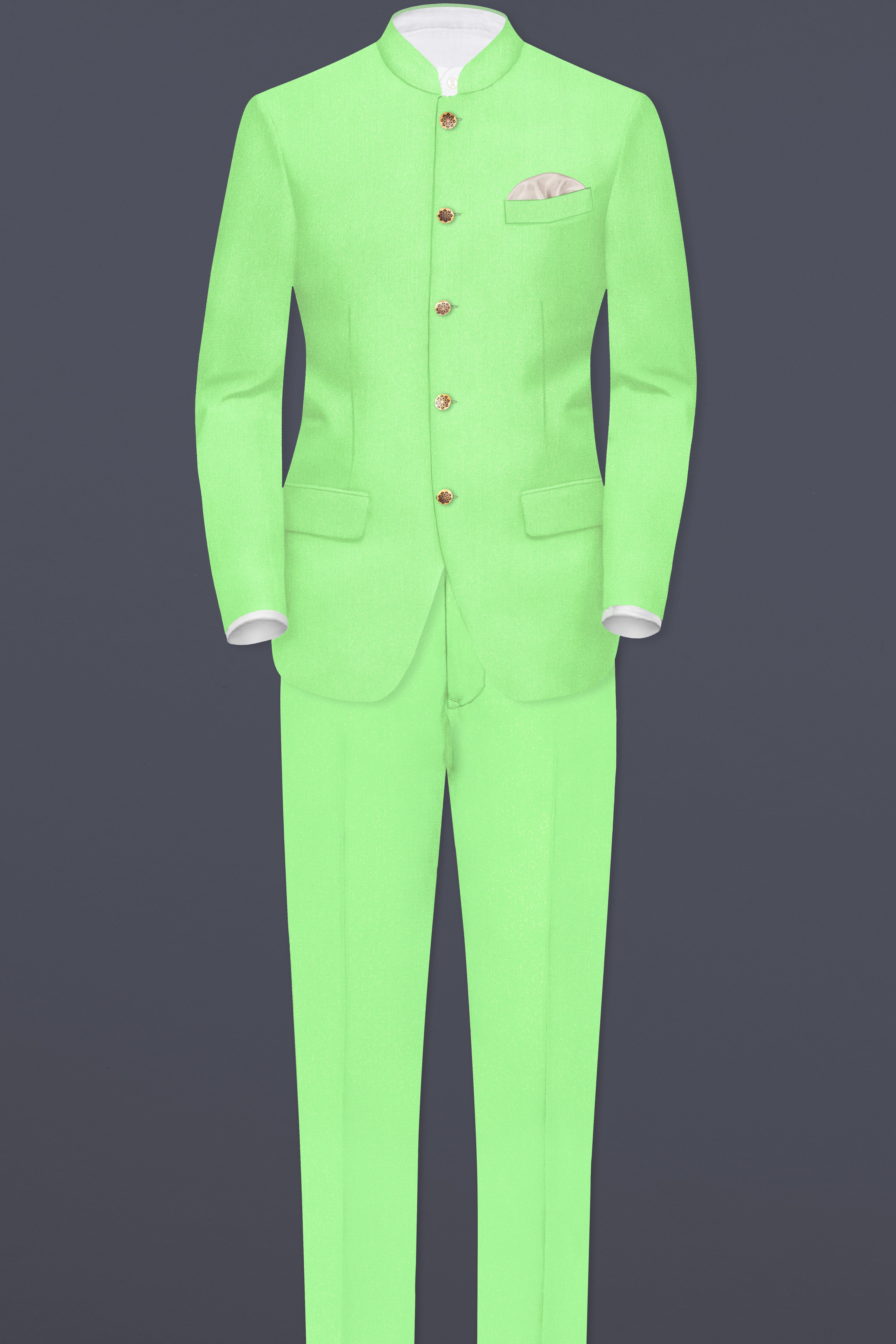 Emerald-Mint Green Solid Wool Rich Bandhgala Stretchable traveler Suit