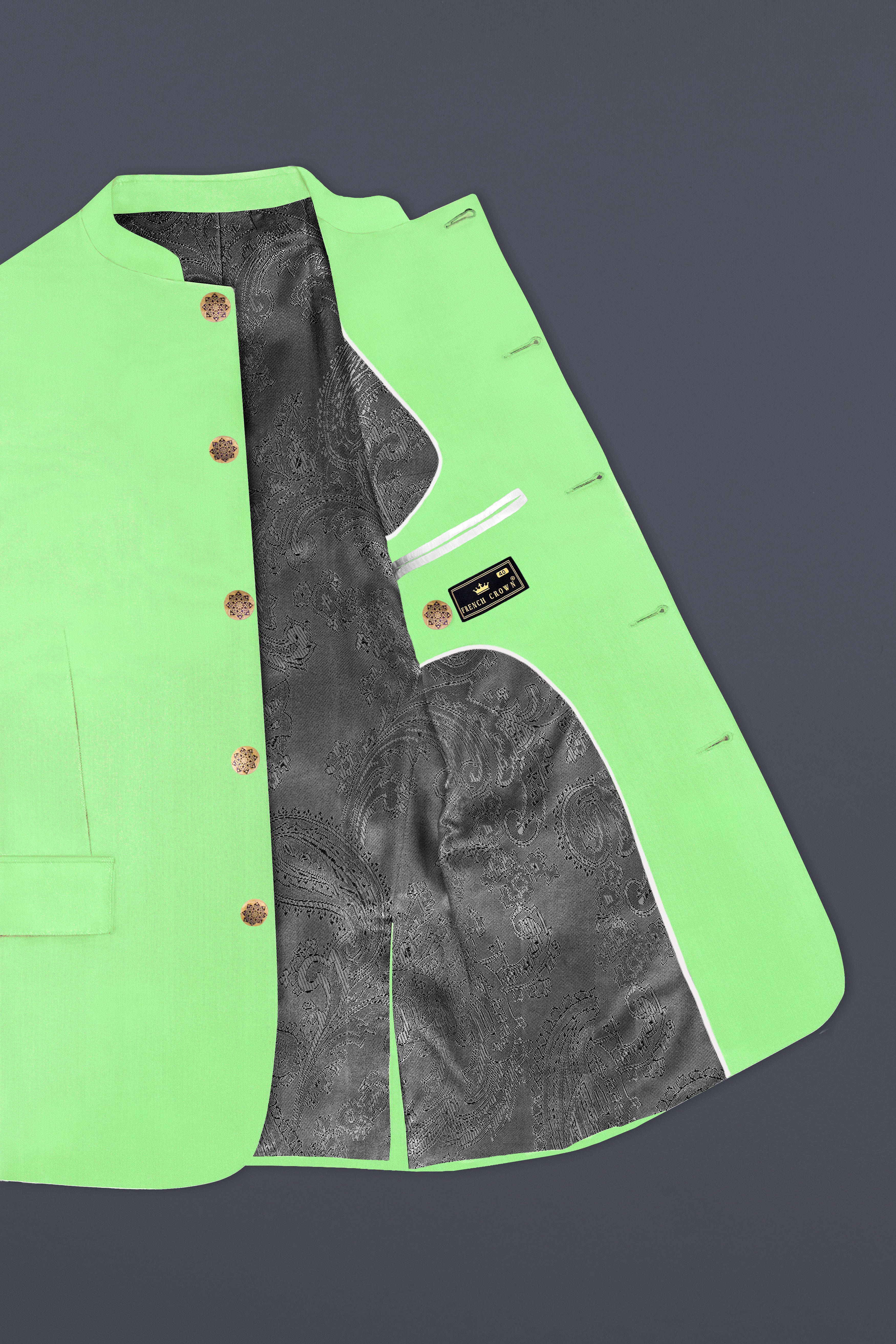 Emerald-Mint Green Solid Wool Rich Bandhgala Stretchable traveler Suit