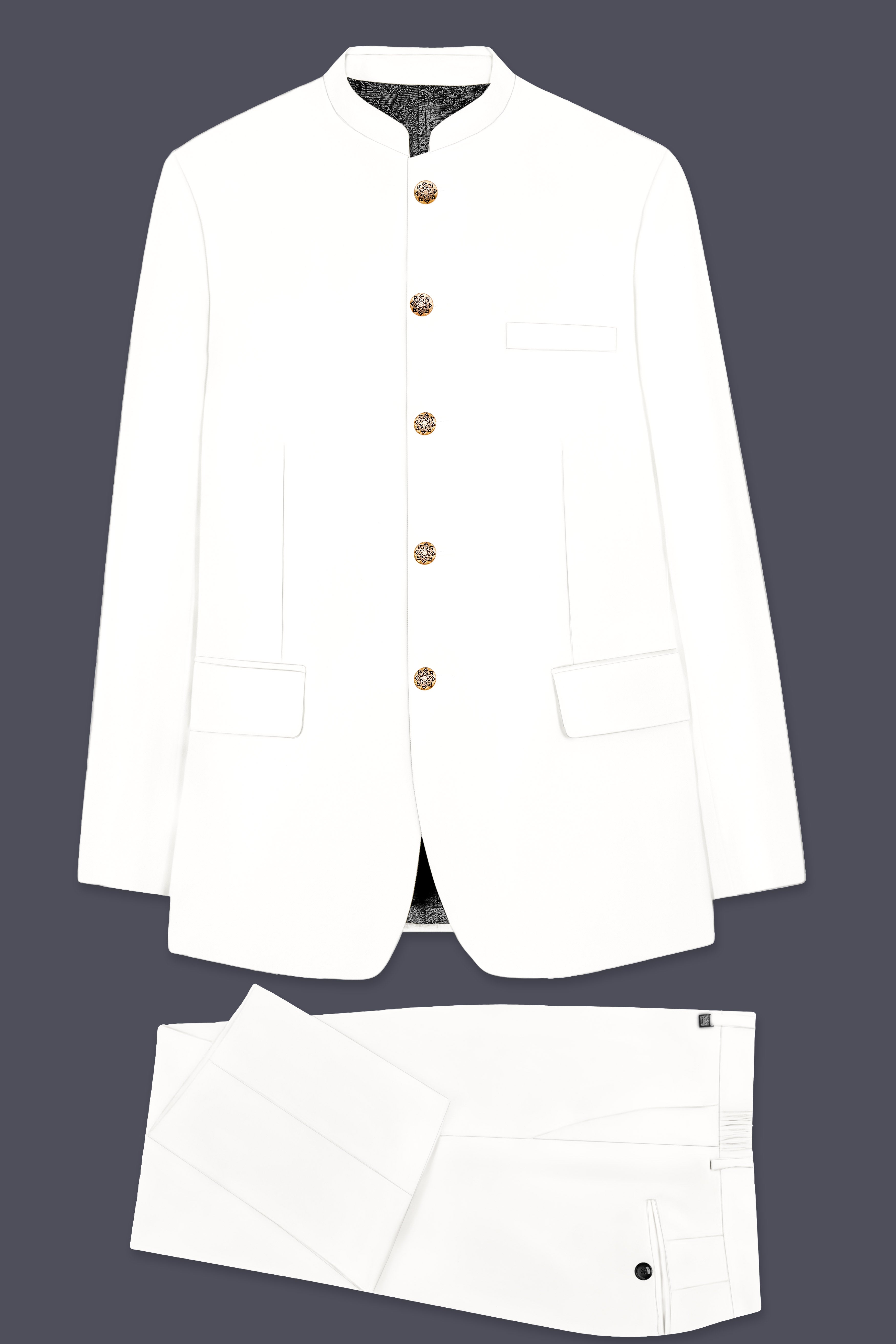 Off White Solid Wool Rich Bandhgala Slight Stretch Suit