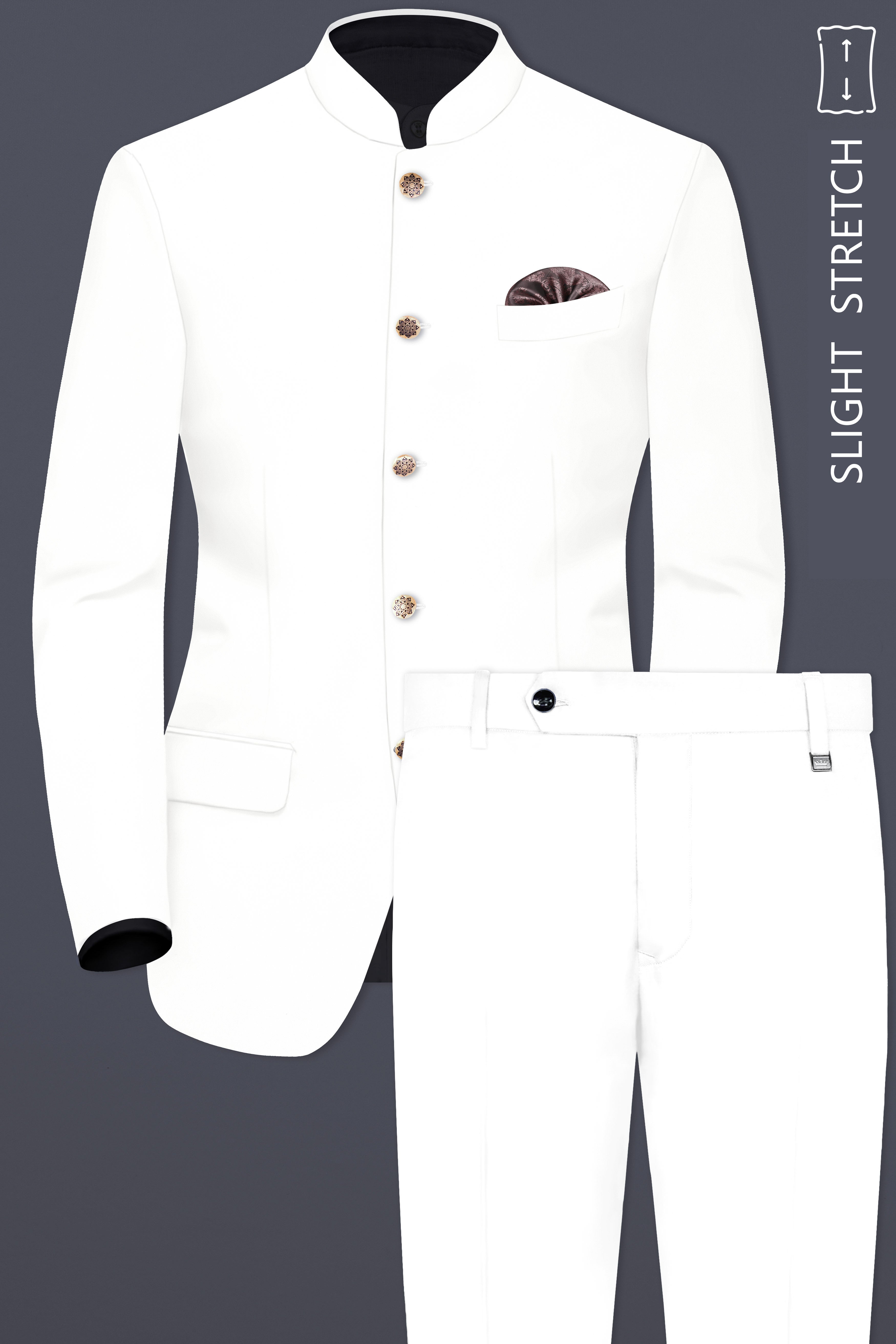 Off White Solid Wool Rich Bandhgala Slight Stretch Suit