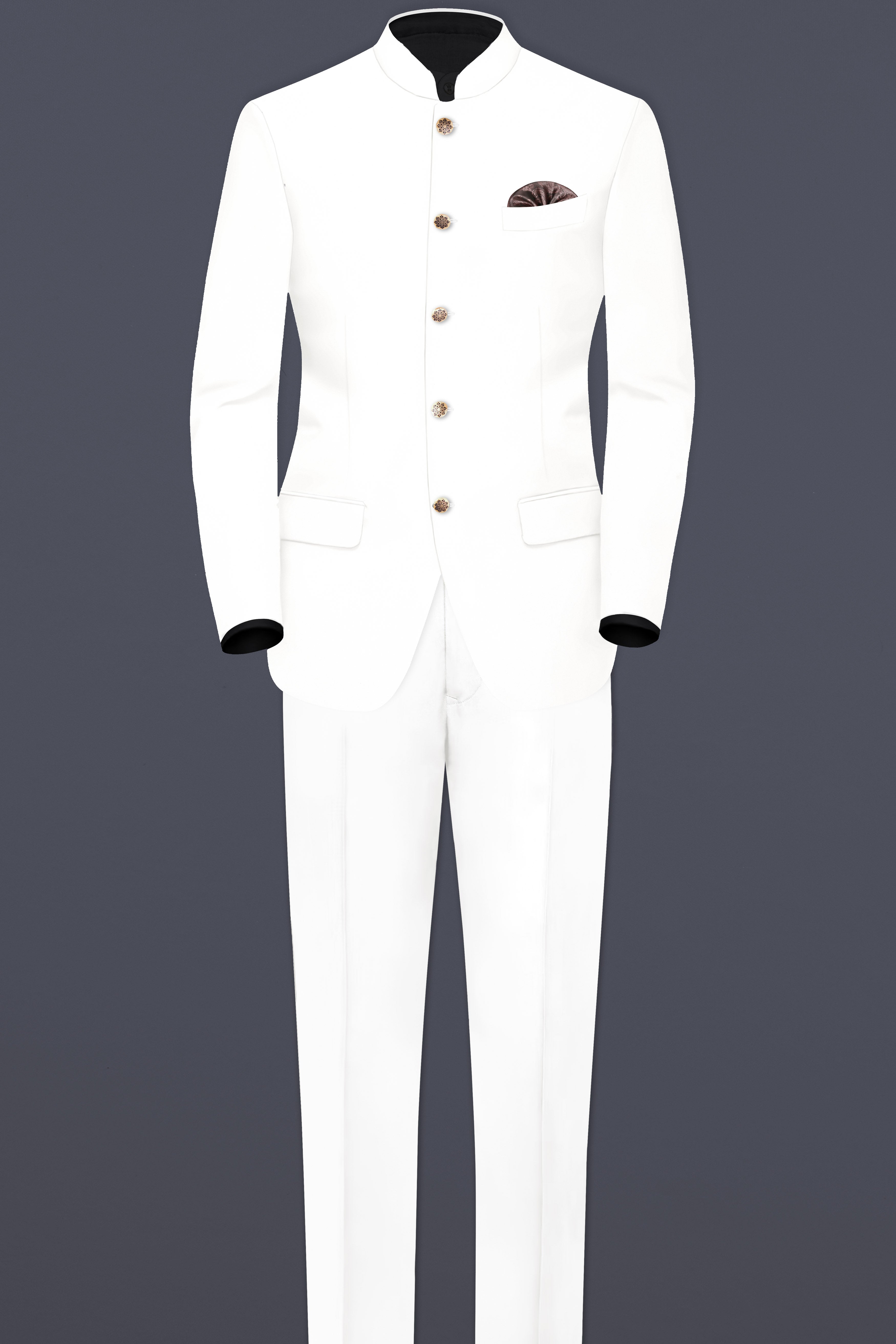 Off White Solid Wool Rich Bandhgala Slight Stretch Suit