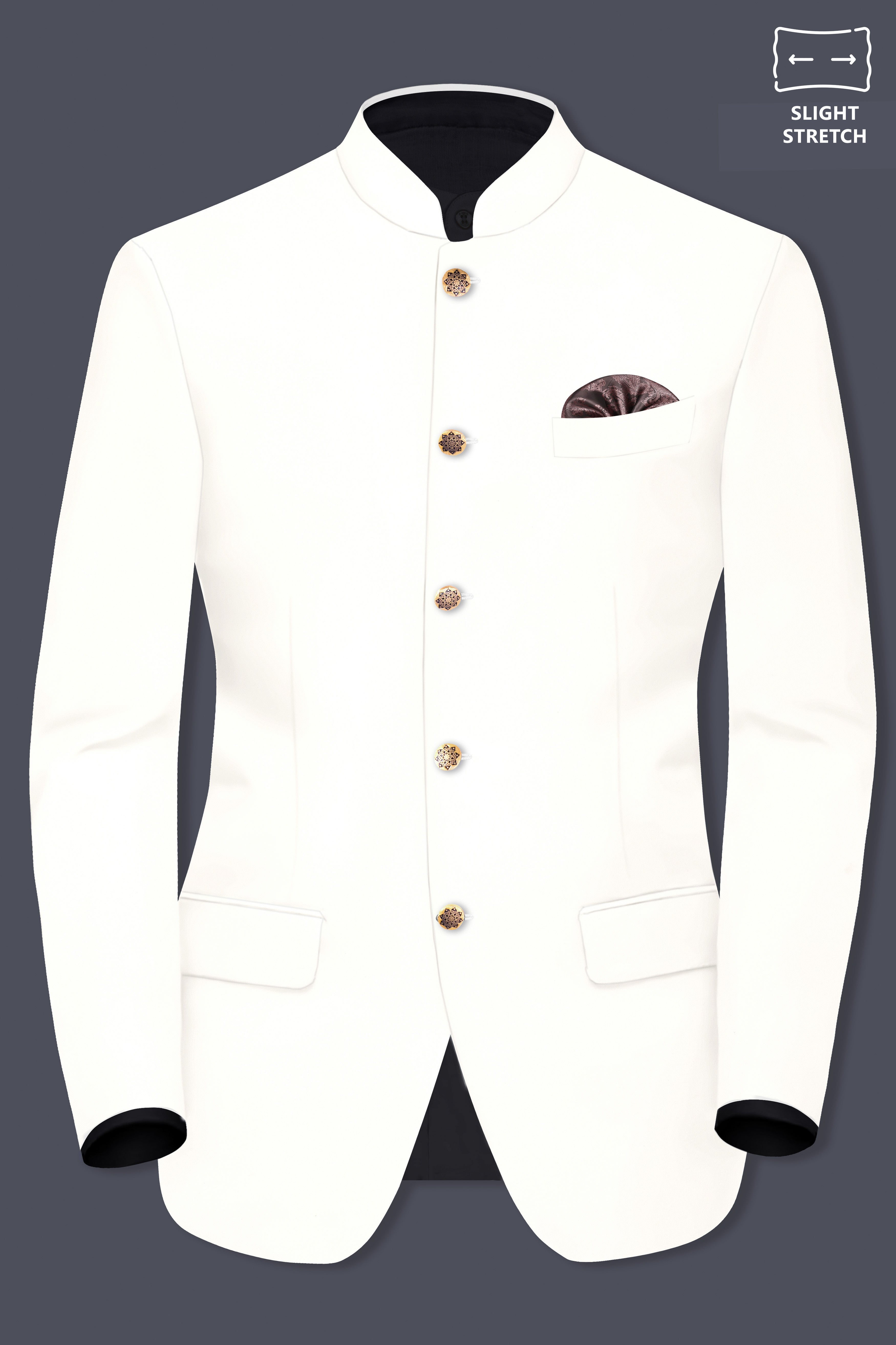 Off White Solid Wool Rich Bandhgala Slight Stretch Suit
