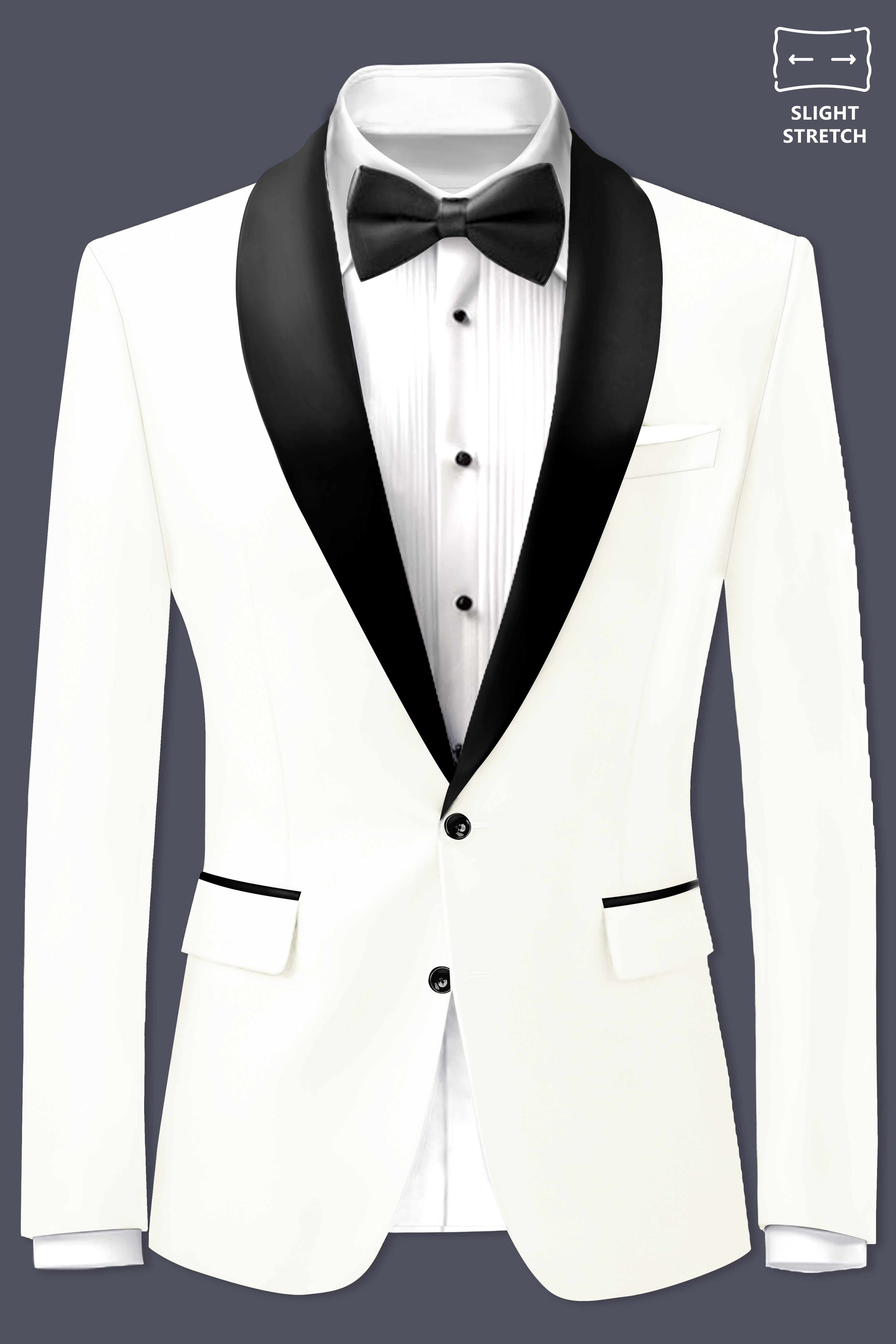 Off White Solid Wool Rich Tuxedo Slight Stretch Suit