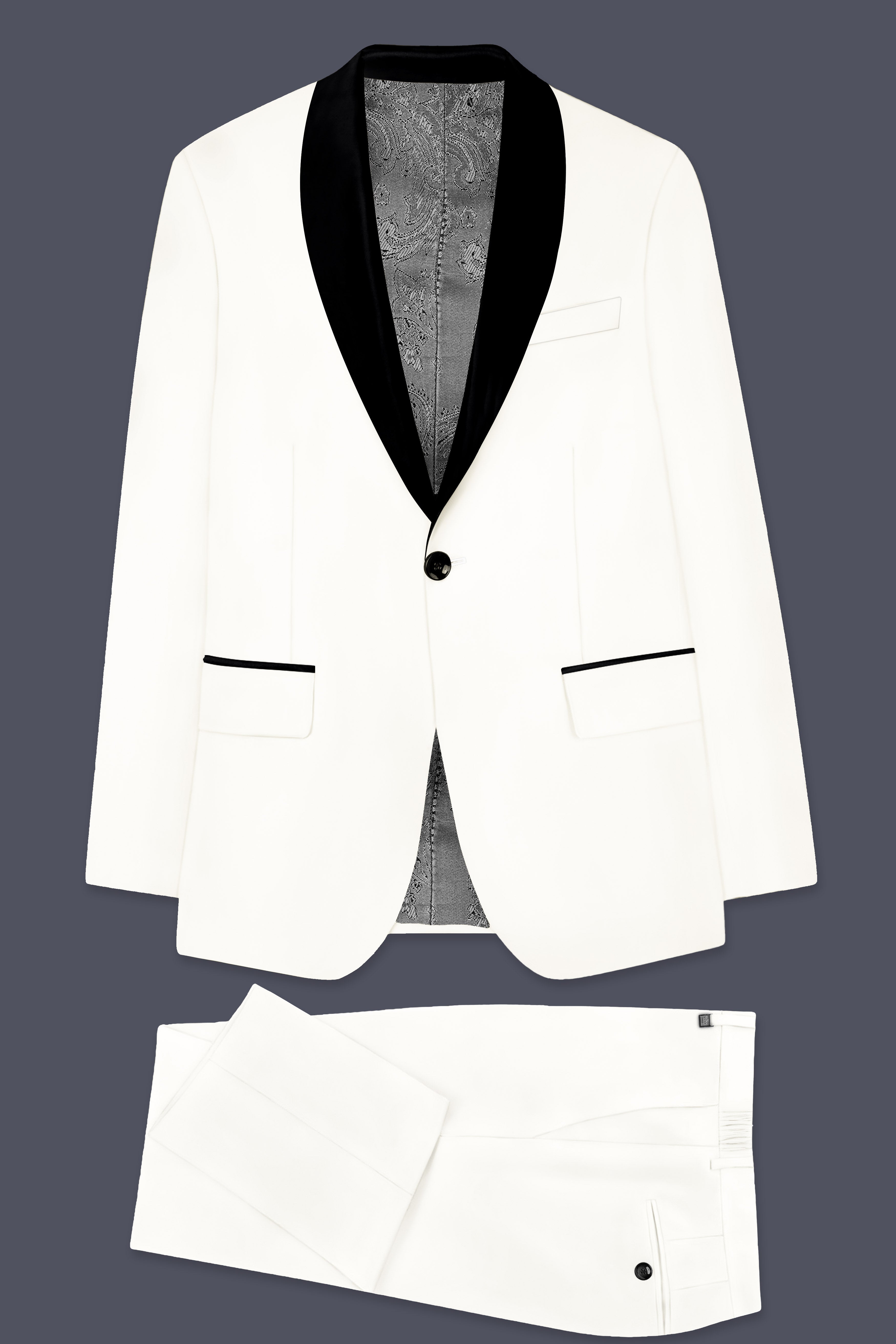 Off White Solid Wool Rich Tuxedo Slight Stretch Suit