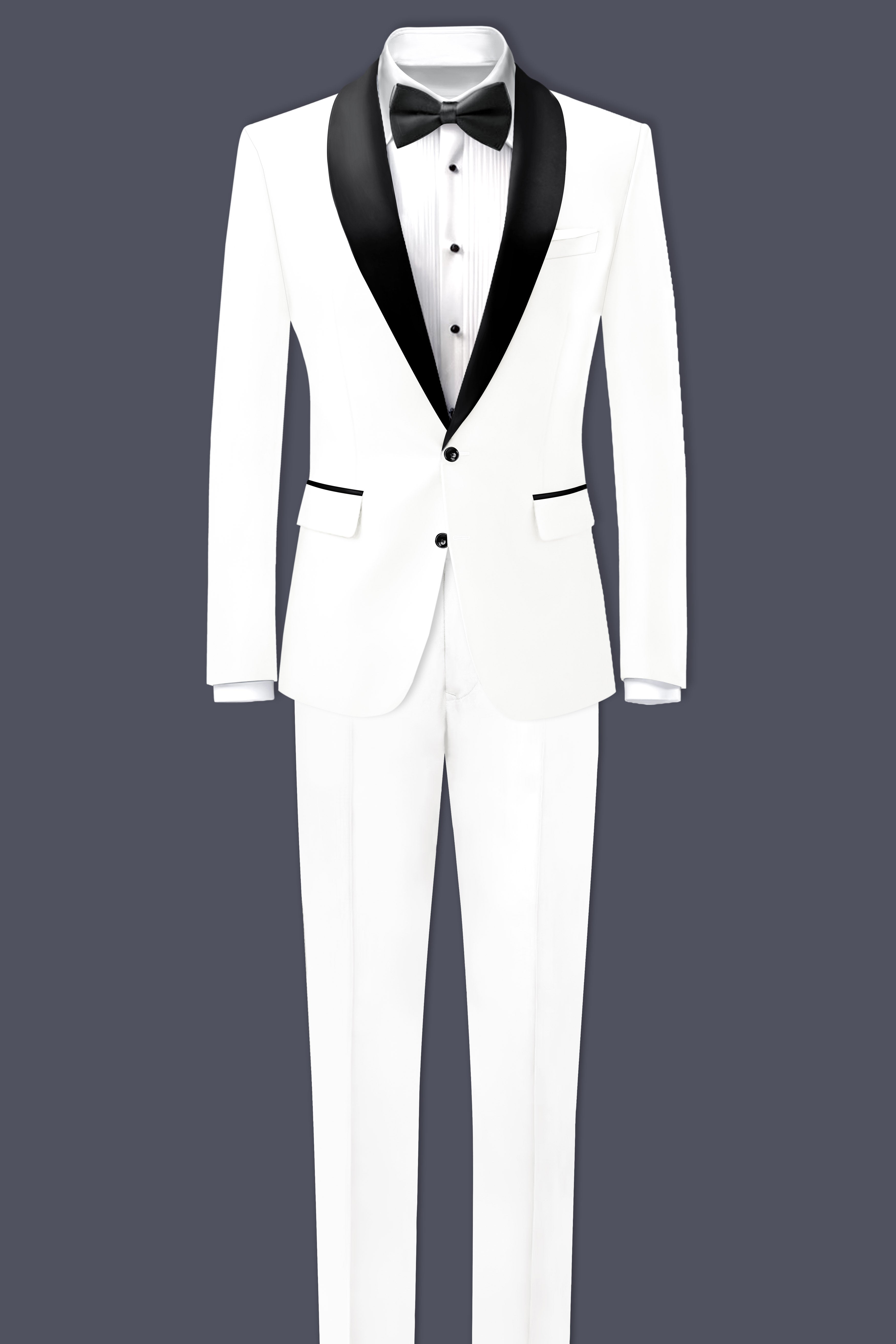 Off White Solid Wool Rich Tuxedo Slight Stretch Suit