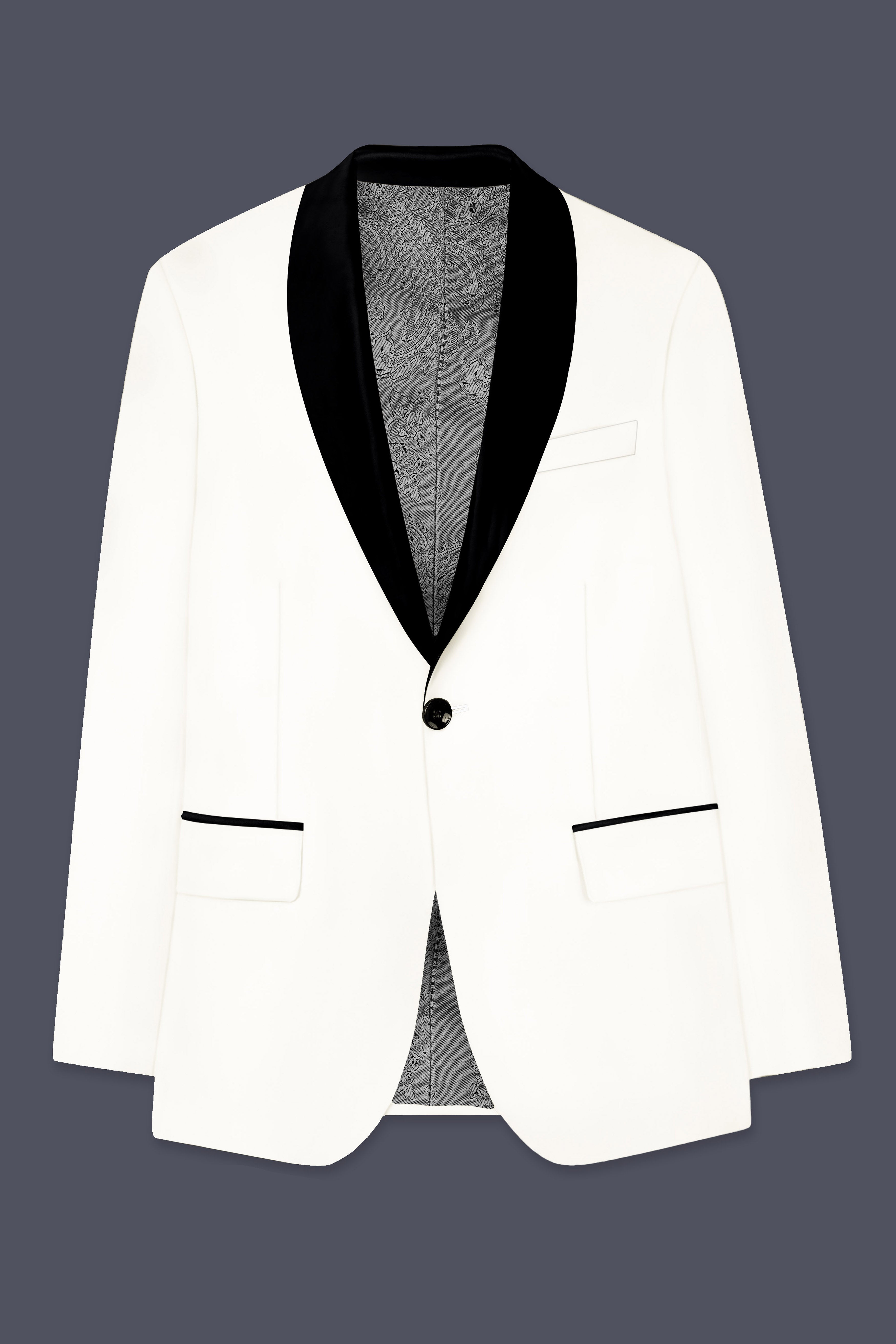 Off White Solid Wool Rich Tuxedo Slight Stretch Suit