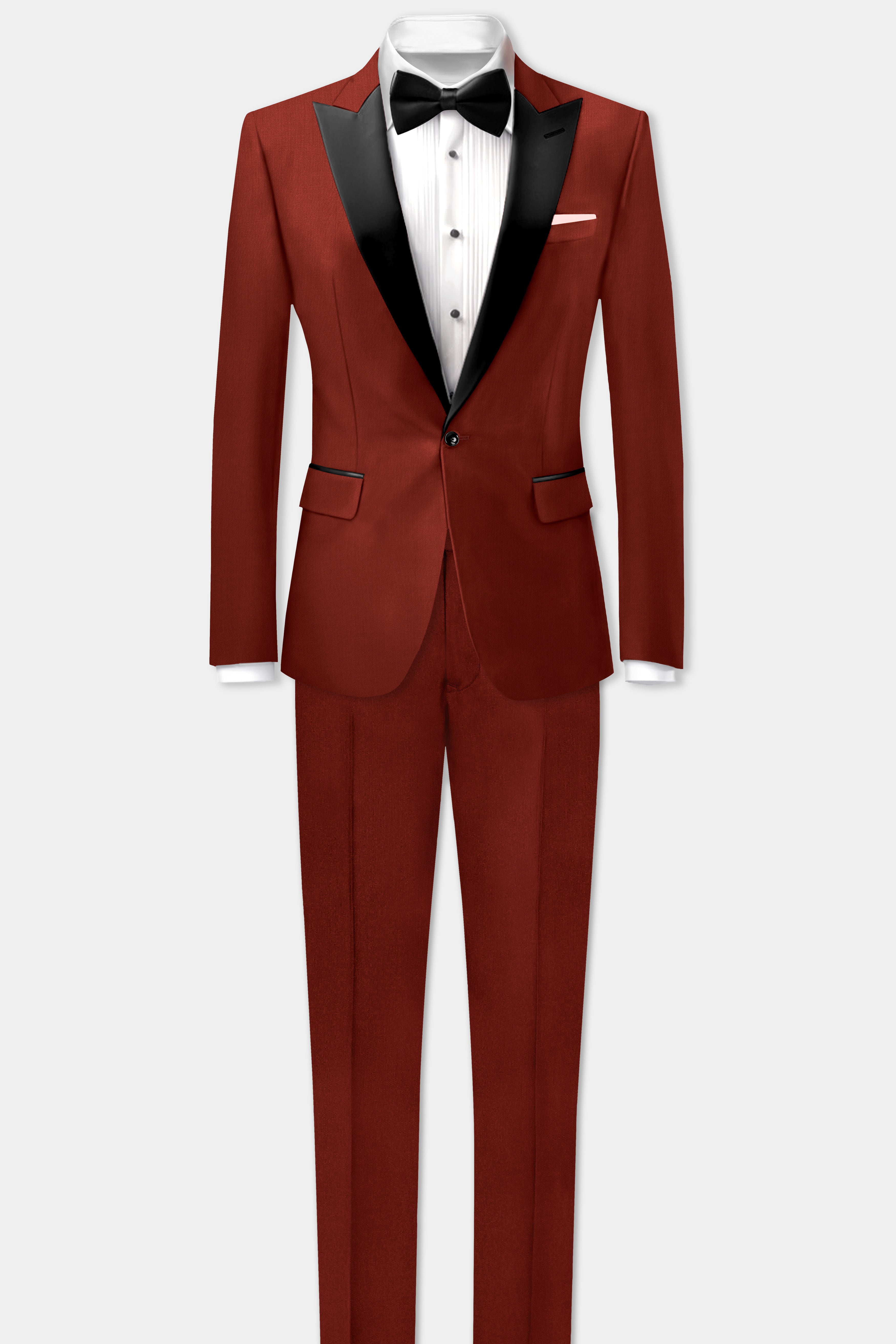 Inferno Rust-Brick Red Solid Wool Rich Peak Lapel Tuxedo Slight Stretch Suit