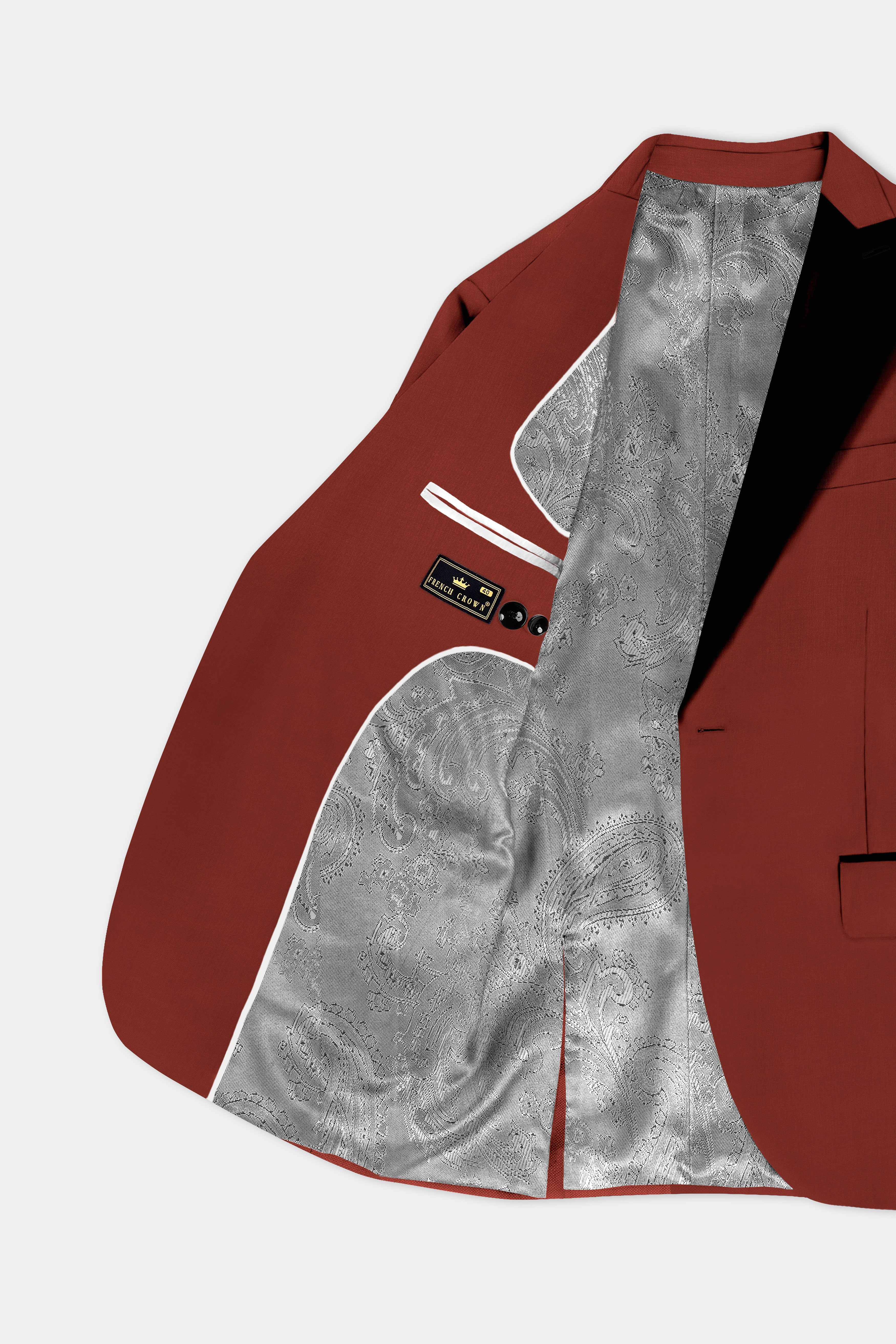 Inferno Rust-Brick Red Solid Wool Rich Peak Lapel Tuxedo Slight Stretch Suit