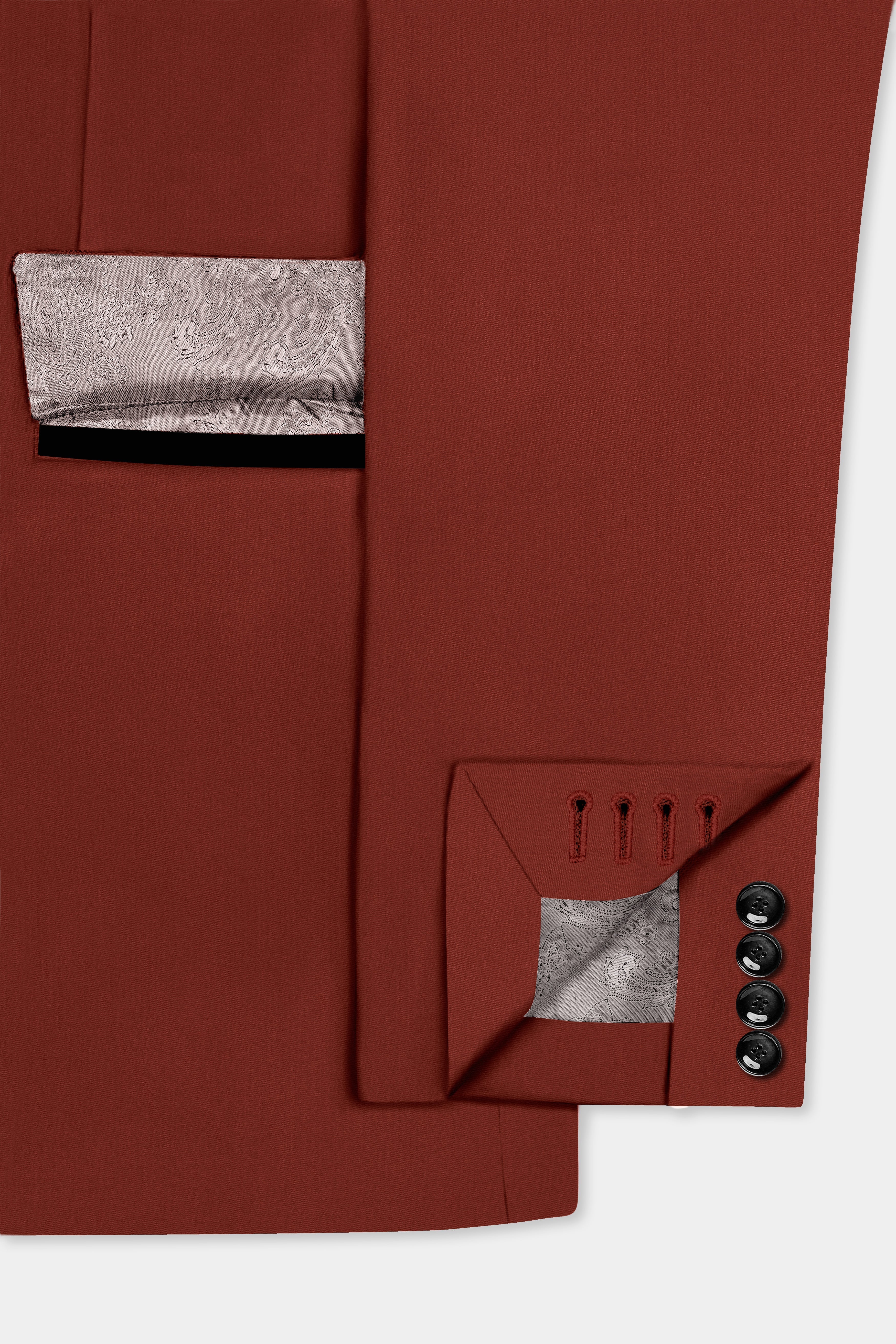 Inferno Rust-Brick Red Solid Wool Rich Peak Lapel Tuxedo Slight Stretch Suit