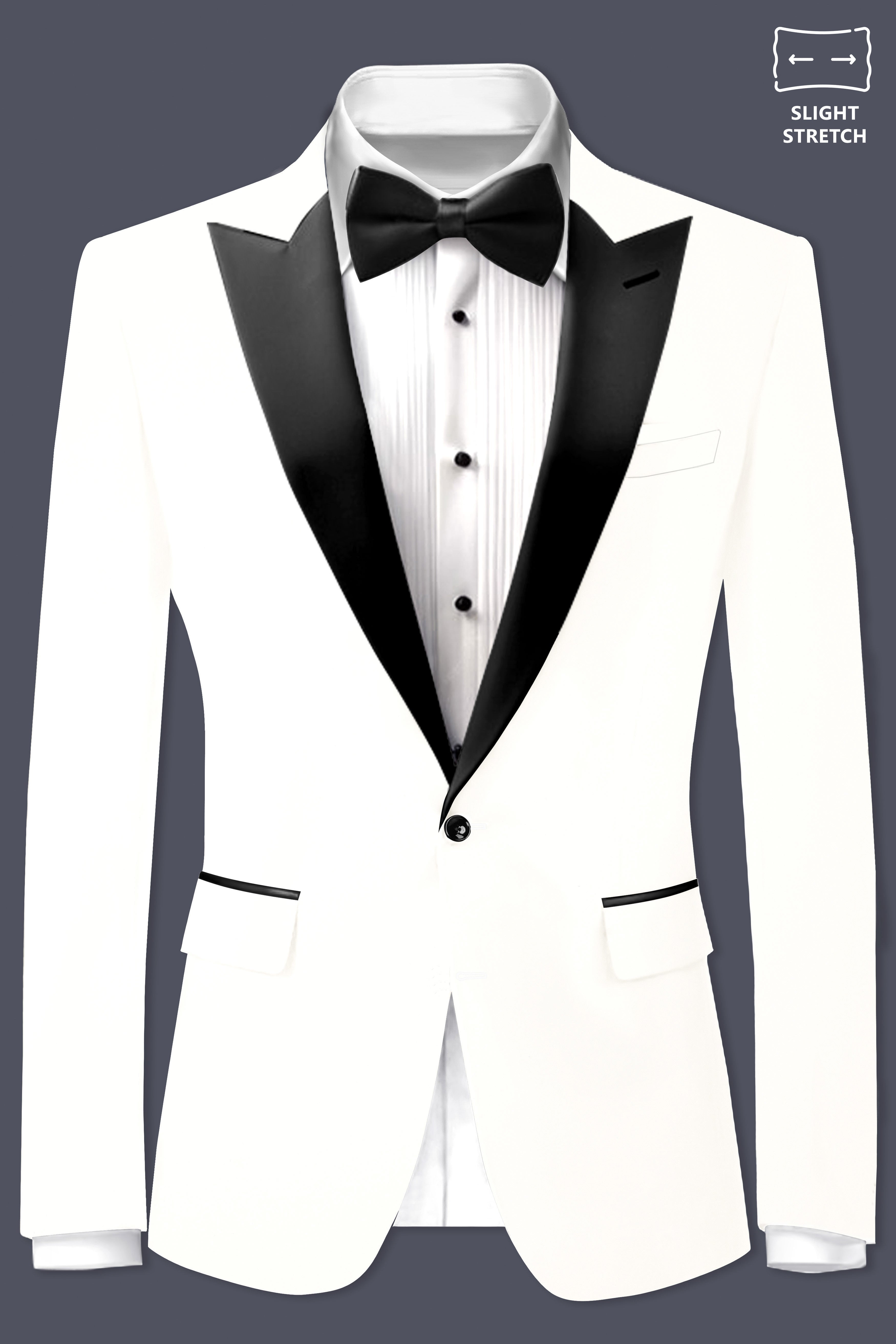 Off White Solid Wool Rich Peak Lapel Tuxedo Slight Stretch Suit