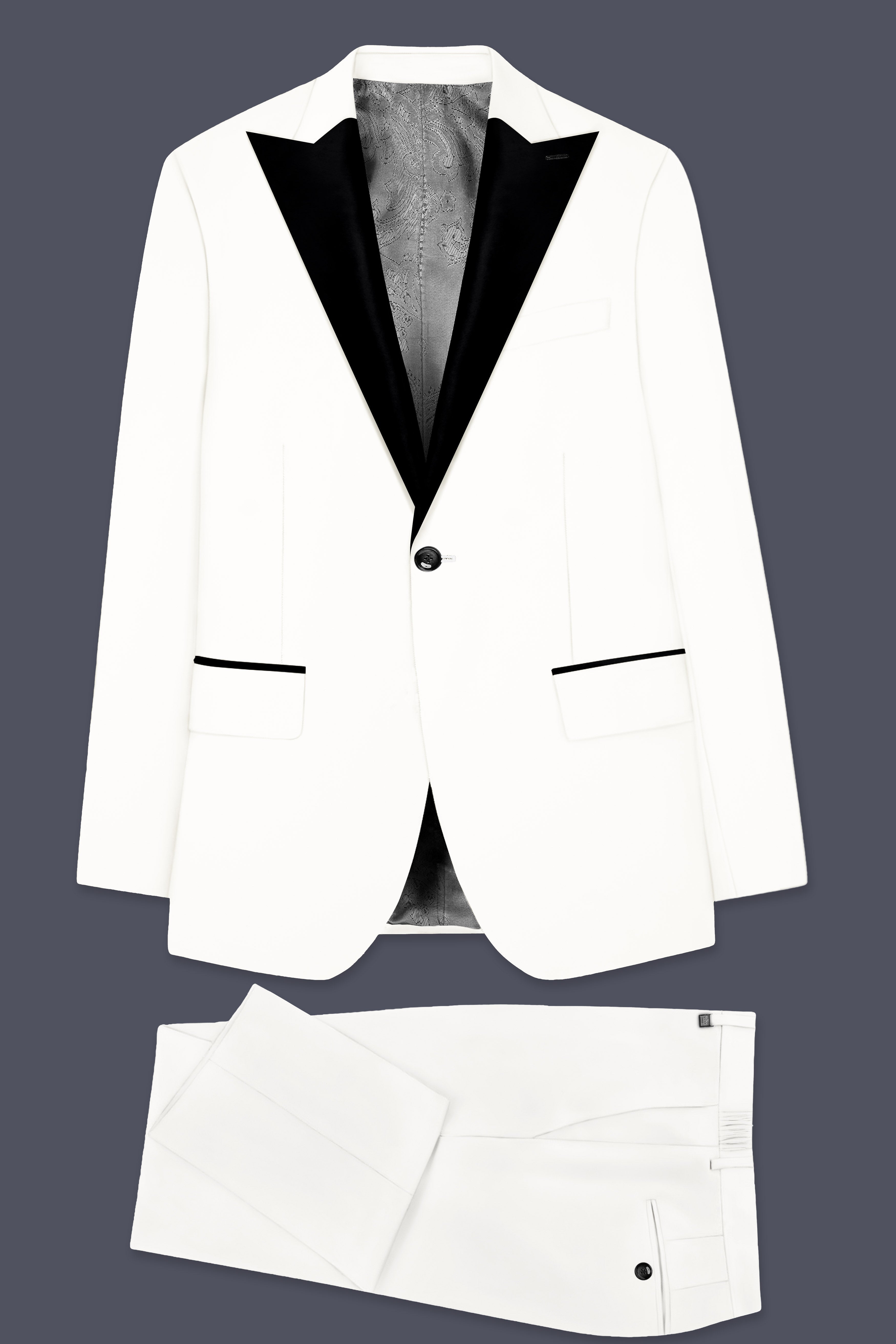 Off White Solid Wool Rich Peak Lapel Tuxedo Slight Stretch Suit