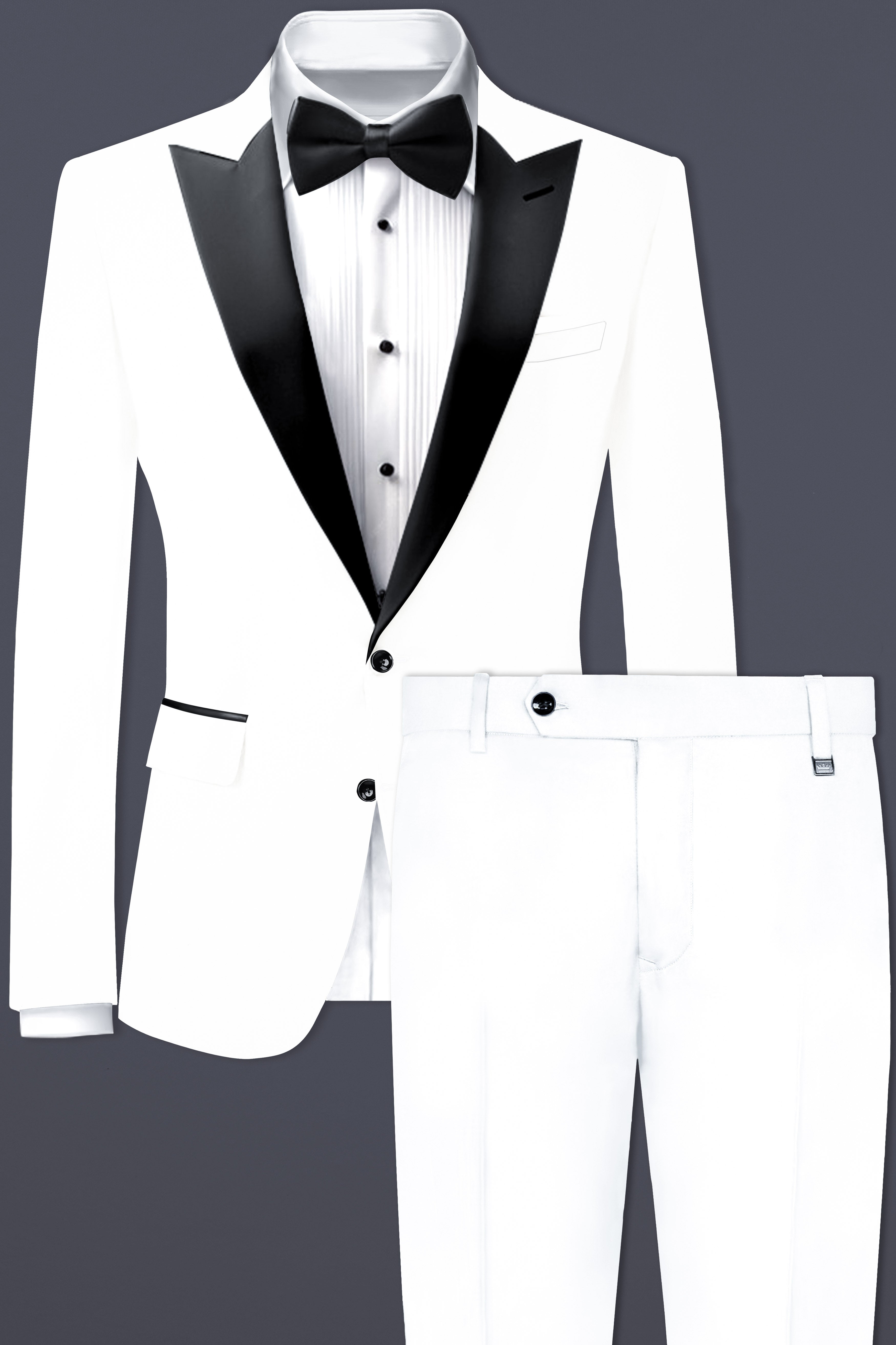 Off White Solid Wool Rich Peak Lapel Tuxedo Suit