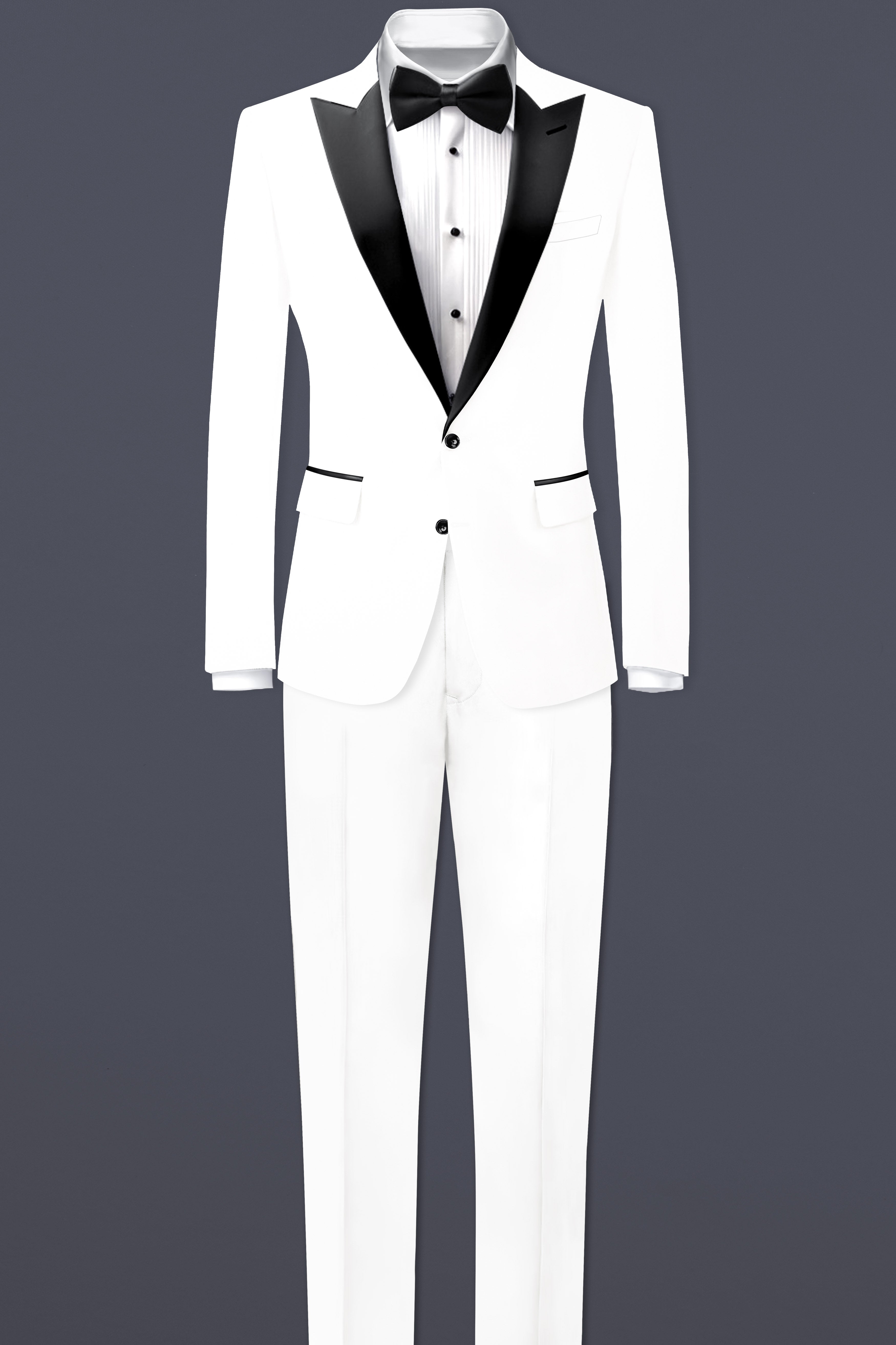 Off White Solid Wool Rich Peak Lapel Tuxedo Suit