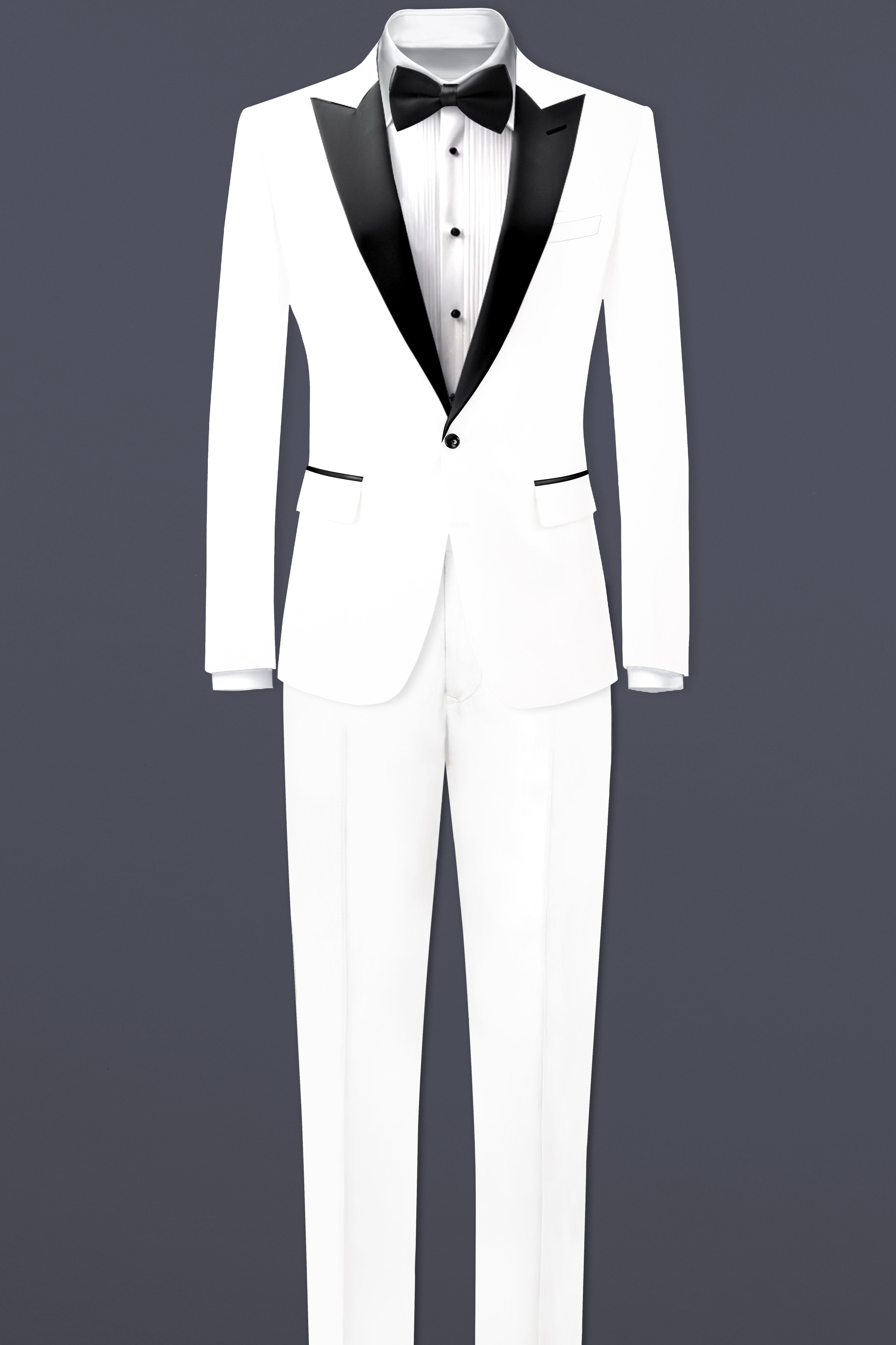 Off White Solid Wool Rich Peak Lapel Tuxedo Slight Stretch Suit