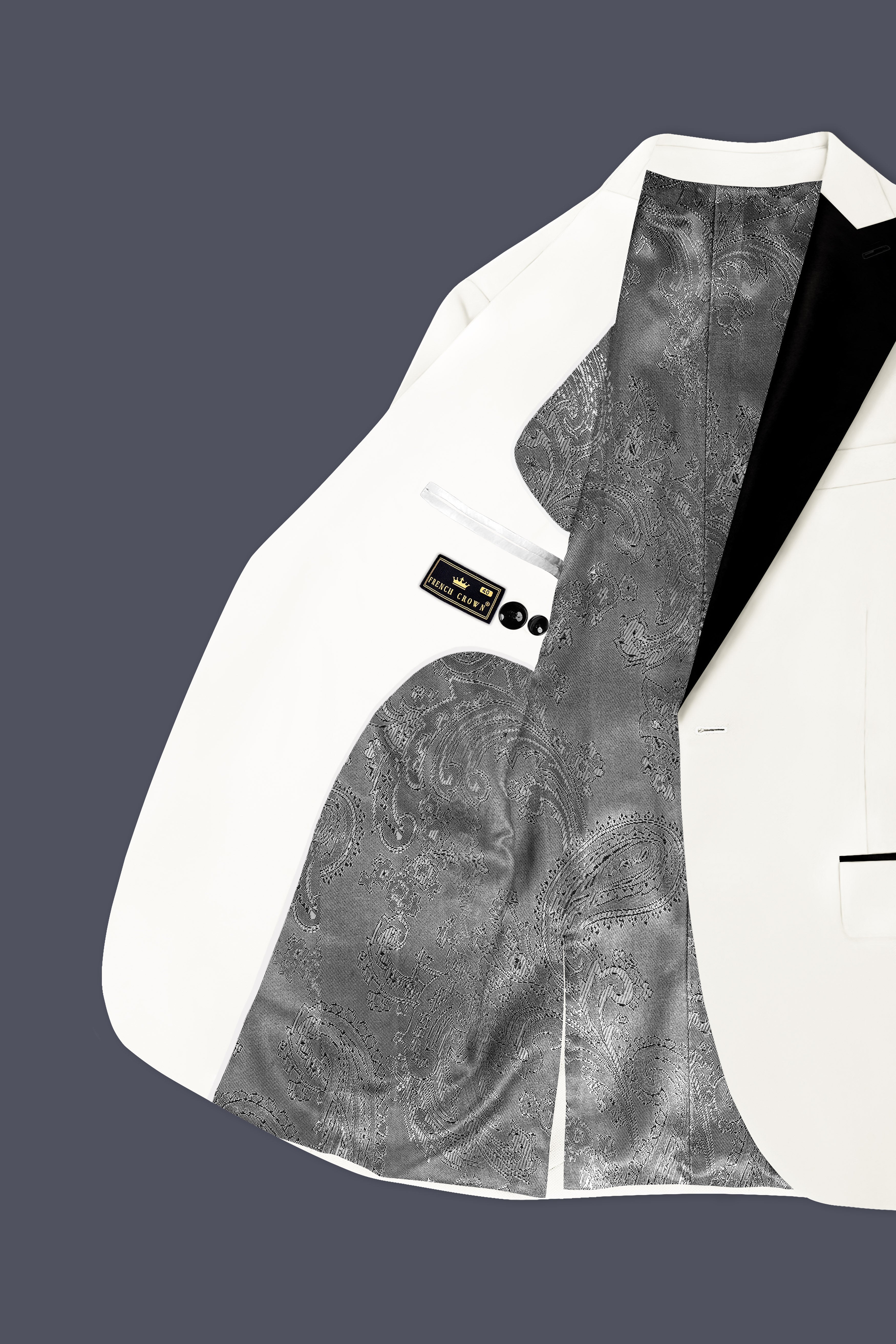 Off White Solid Wool Rich Peak Lapel Tuxedo Slight Stretch Suit