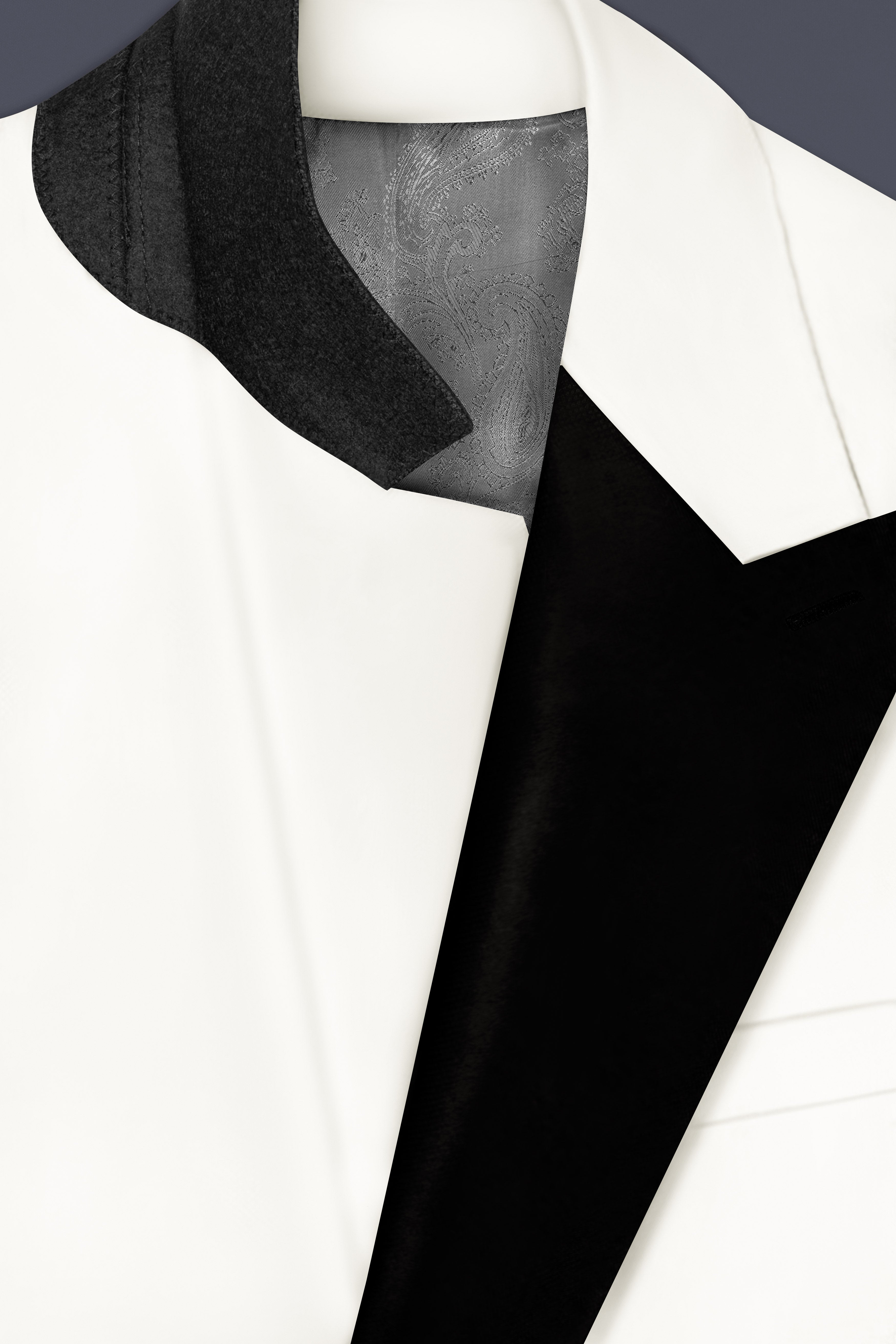 Off White Solid Wool Rich Peak Lapel Tuxedo Slight Stretch Suit