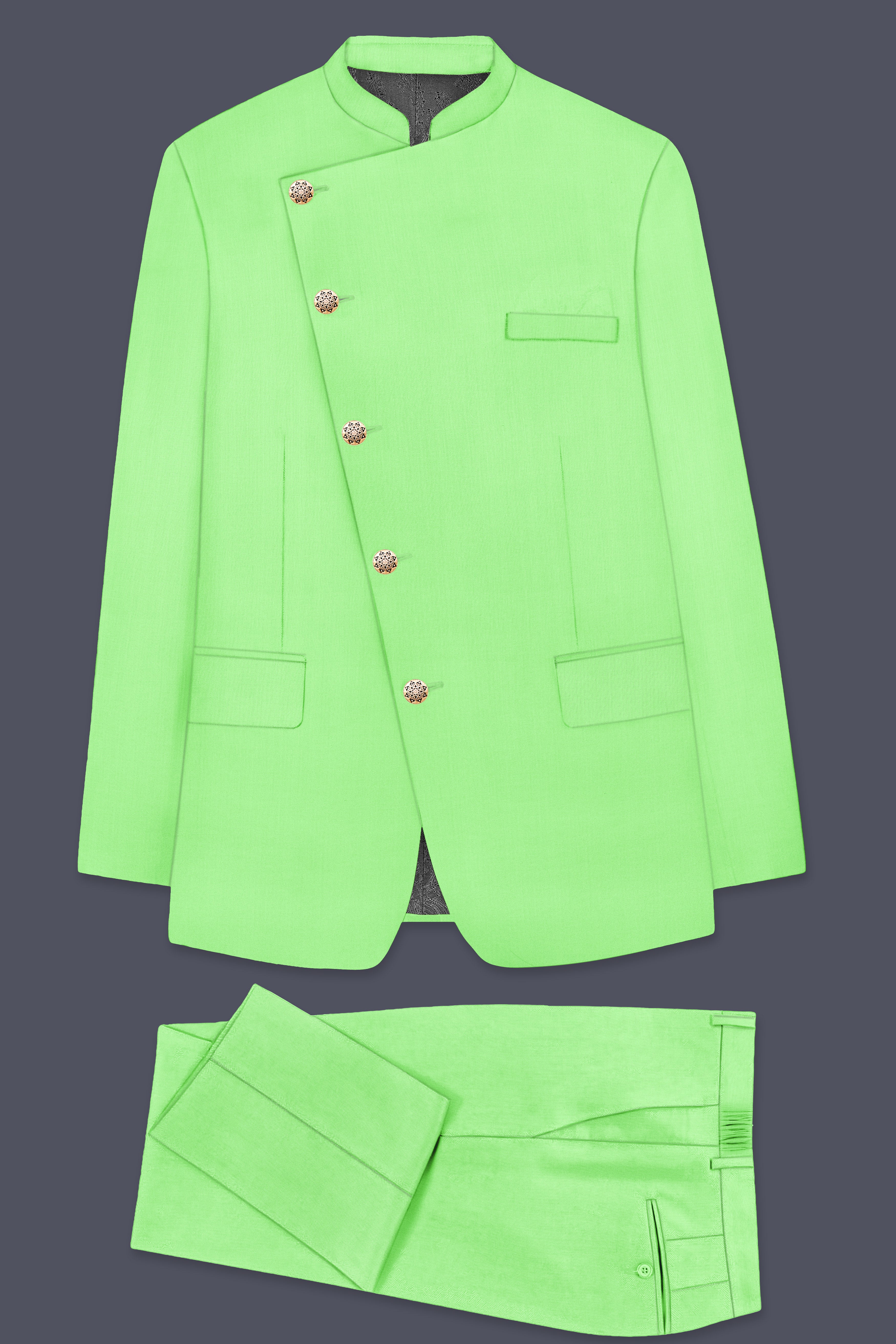 Emerald-Mint Green Solid Wool Rich Cross Placket Bandhgala Stretchable traveler Suit