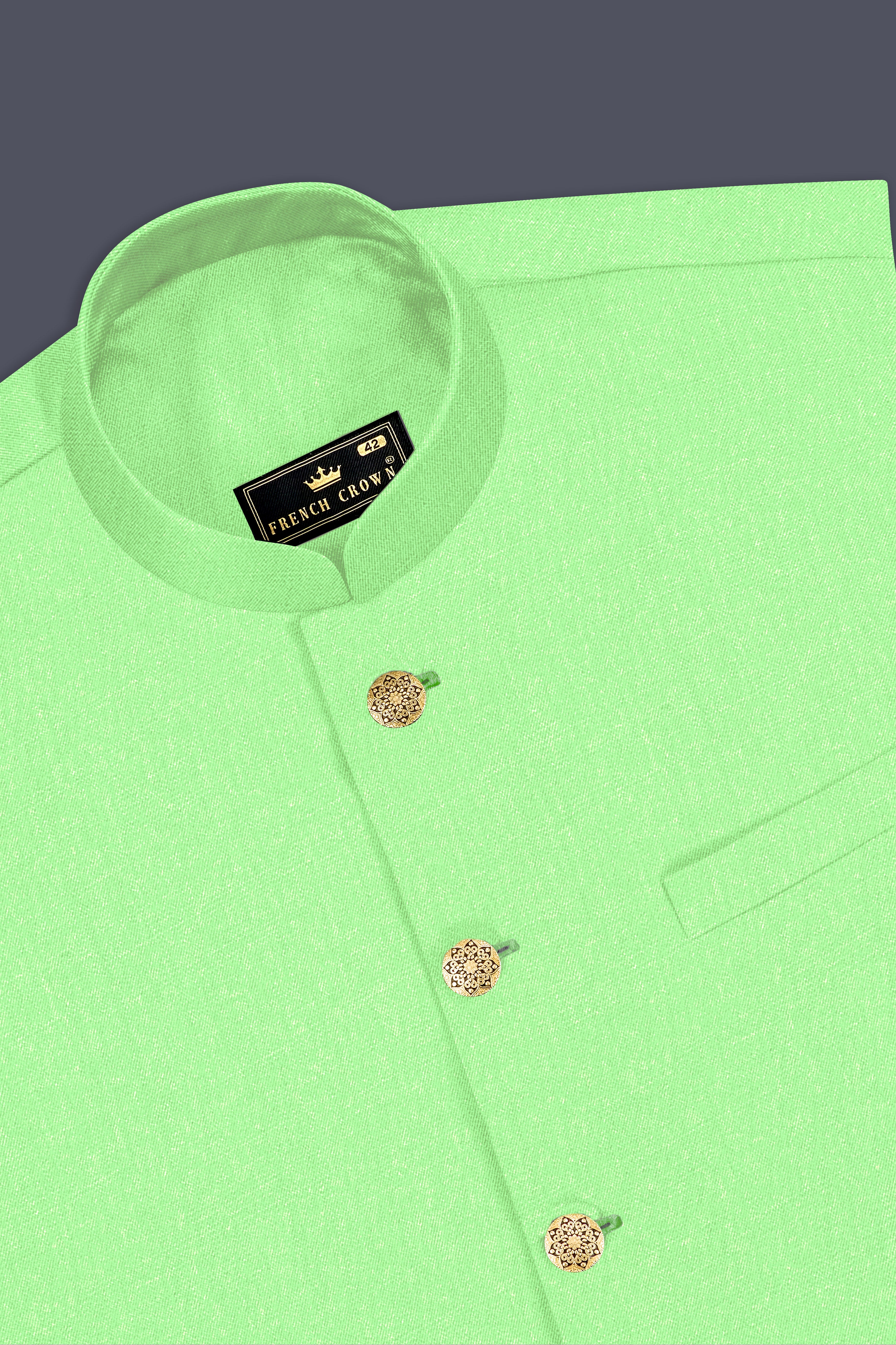 Emerald-Mint Green Solid Wool Rich Cross Placket Bandhgala Stretchable traveler Suit