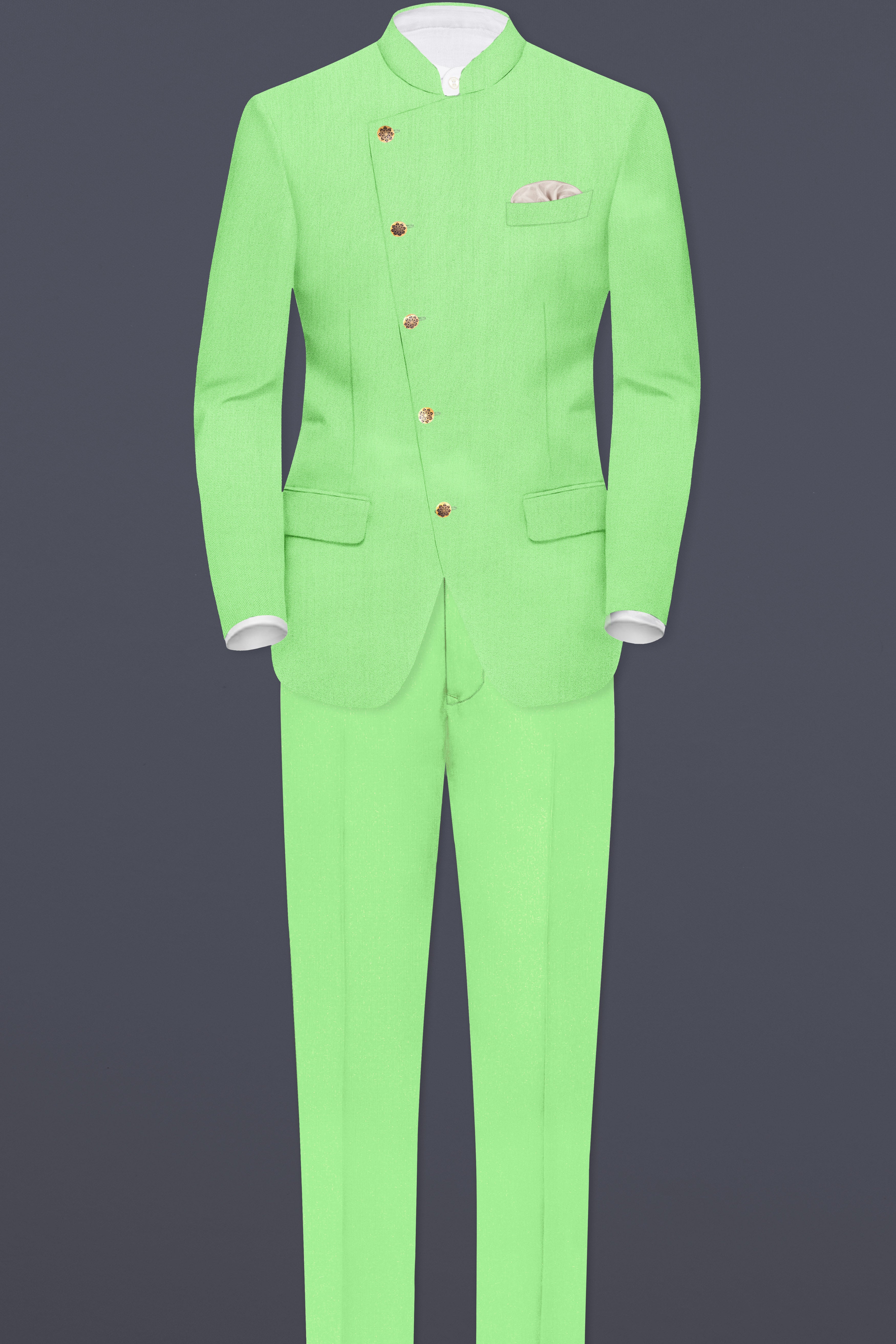 Emerald-Mint Green Solid Wool Rich Cross Placket Bandhgala Stretchable traveler Suit