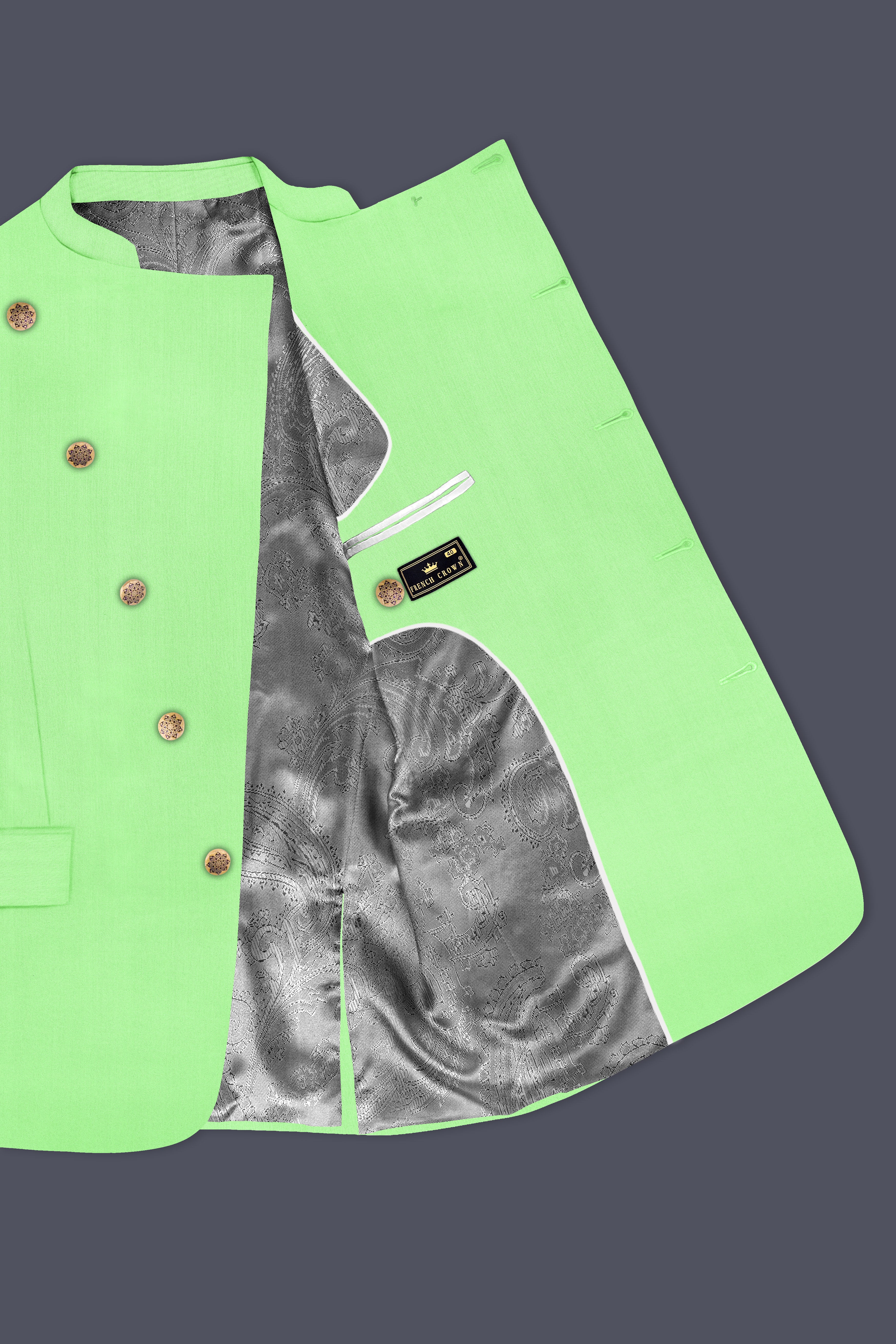 Emerald-Mint Green Solid Wool Rich Cross Placket Bandhgala Stretchable traveler Suit