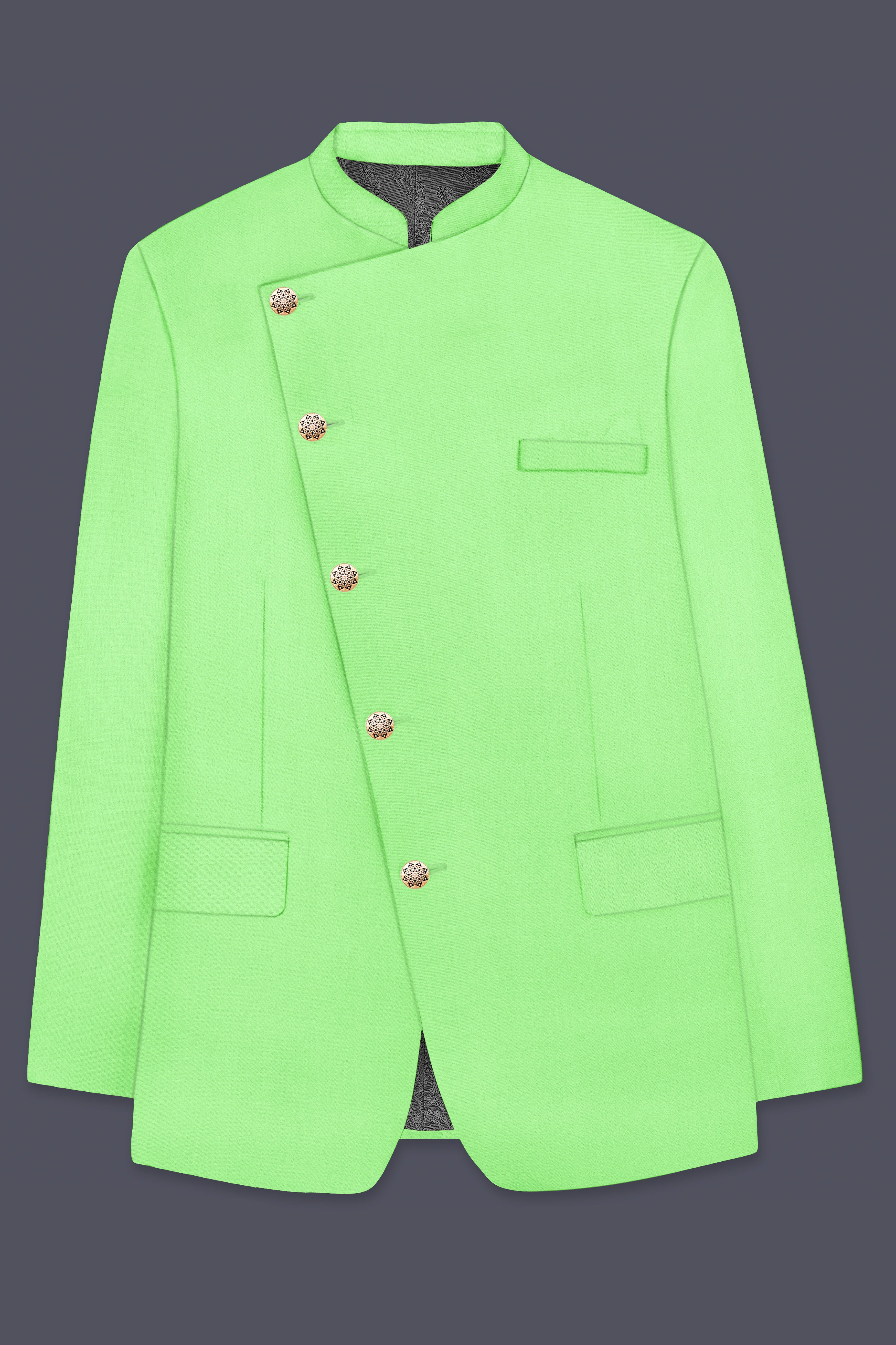 Emerald-Mint Green Solid Wool Rich Cross Placket Bandhgala Stretchable traveler Suit