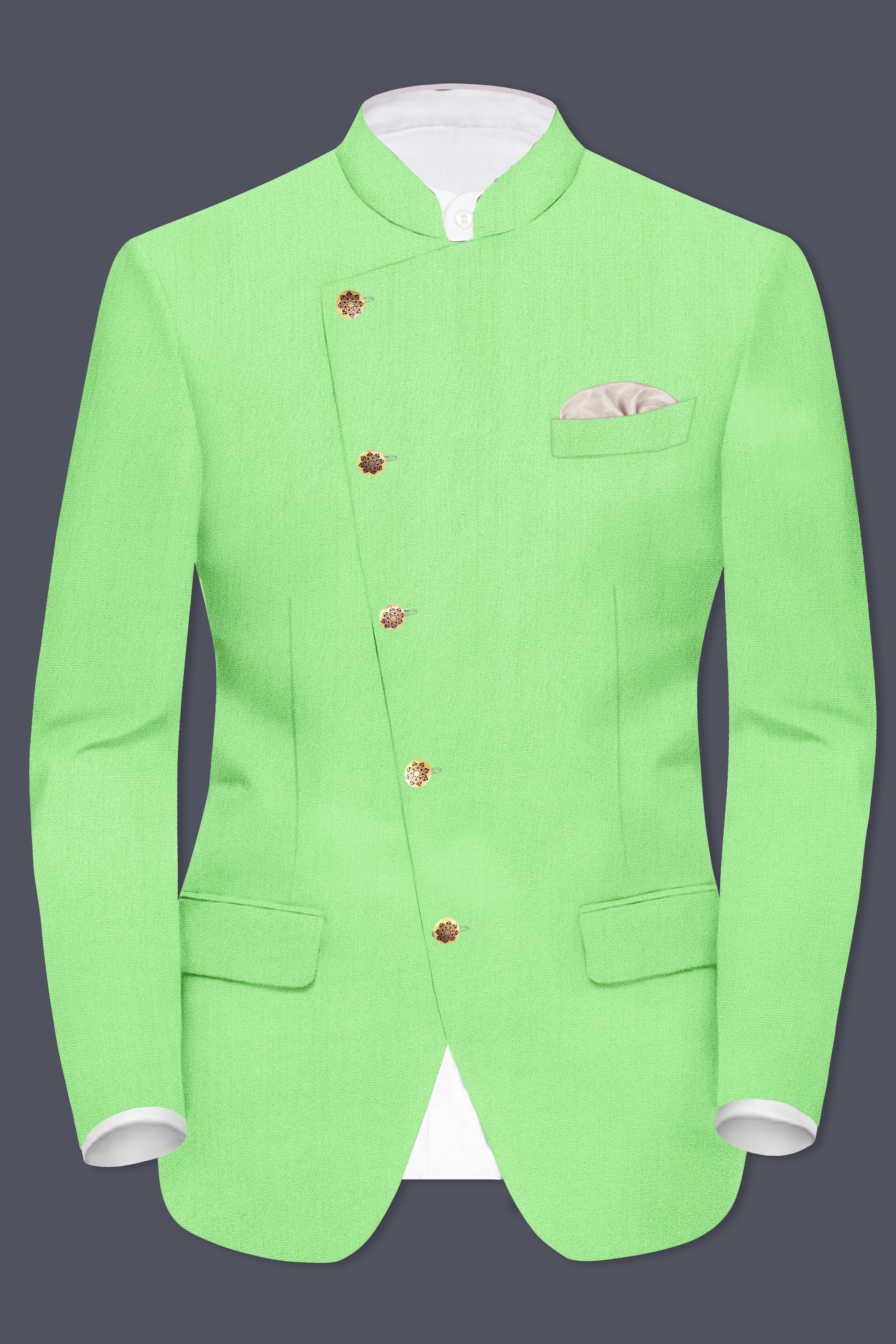 Emerald-Mint Green Solid Wool Rich Cross Placket Bandhgala Stretchable traveler Suit