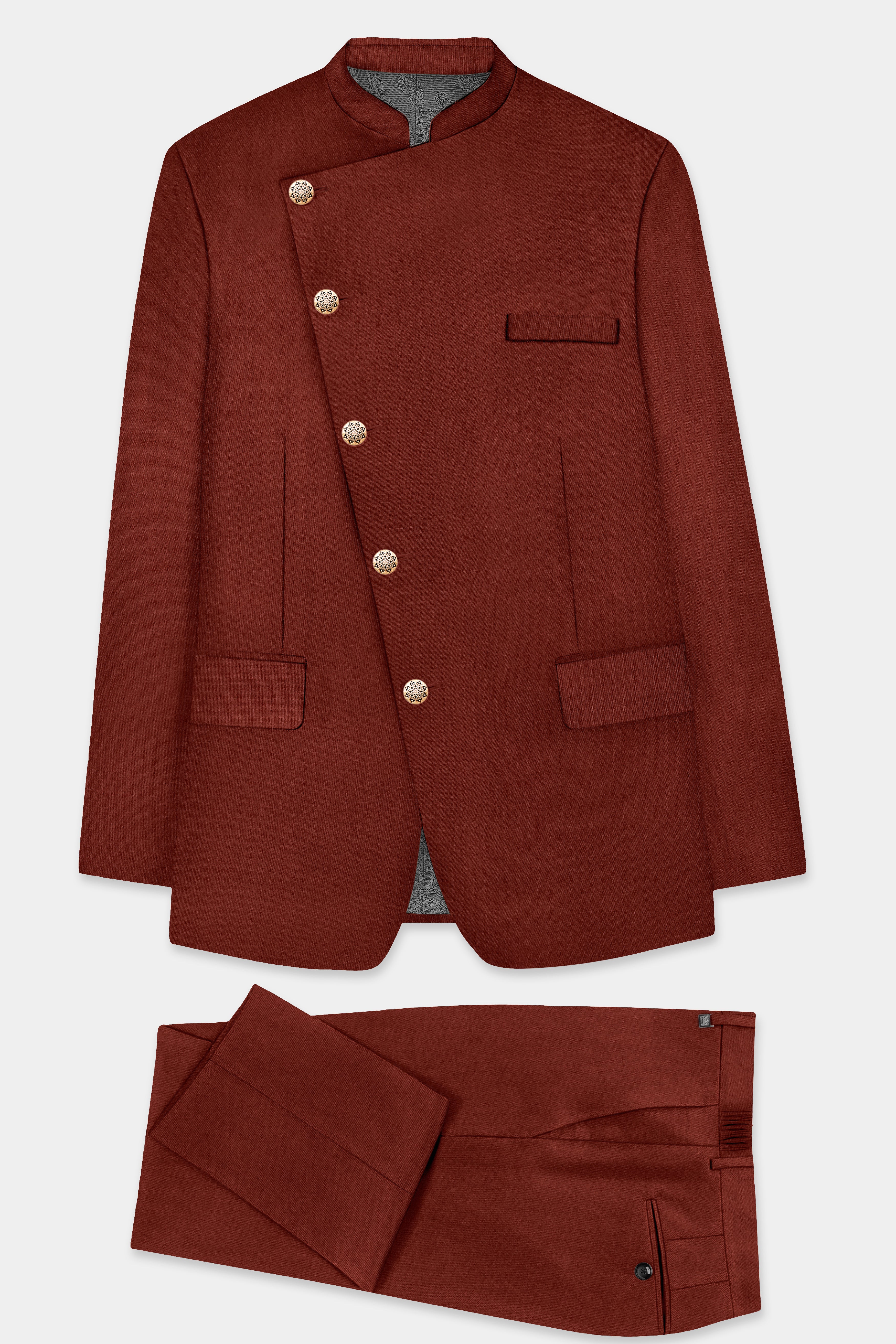 Inferno Rust-Brick Red Solid Wool Rich Cross Placket Bandhgala Suit