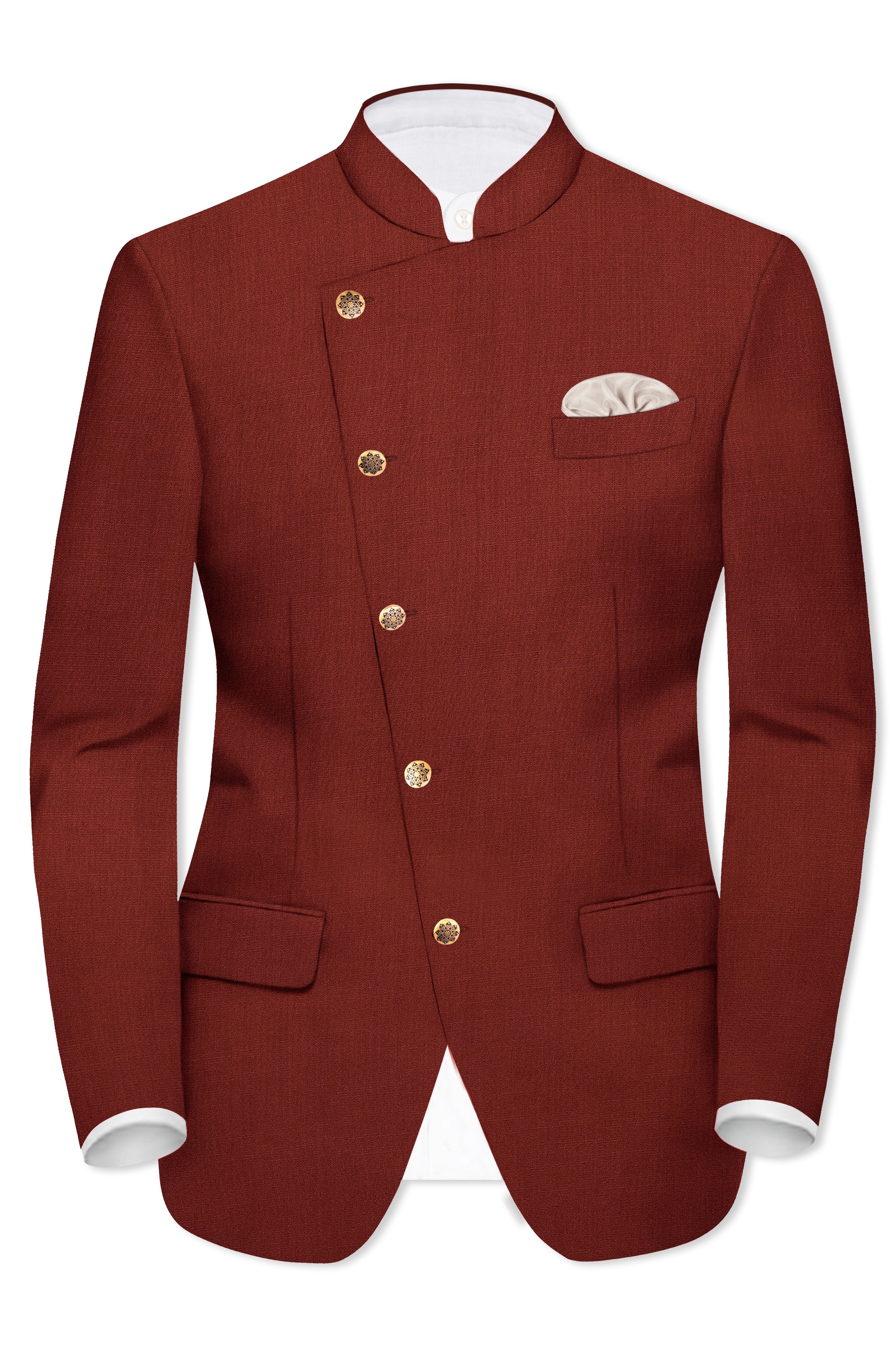 Inferno Rust-Brick Red Solid Wool Rich Cross Placket Bandhgala Suit