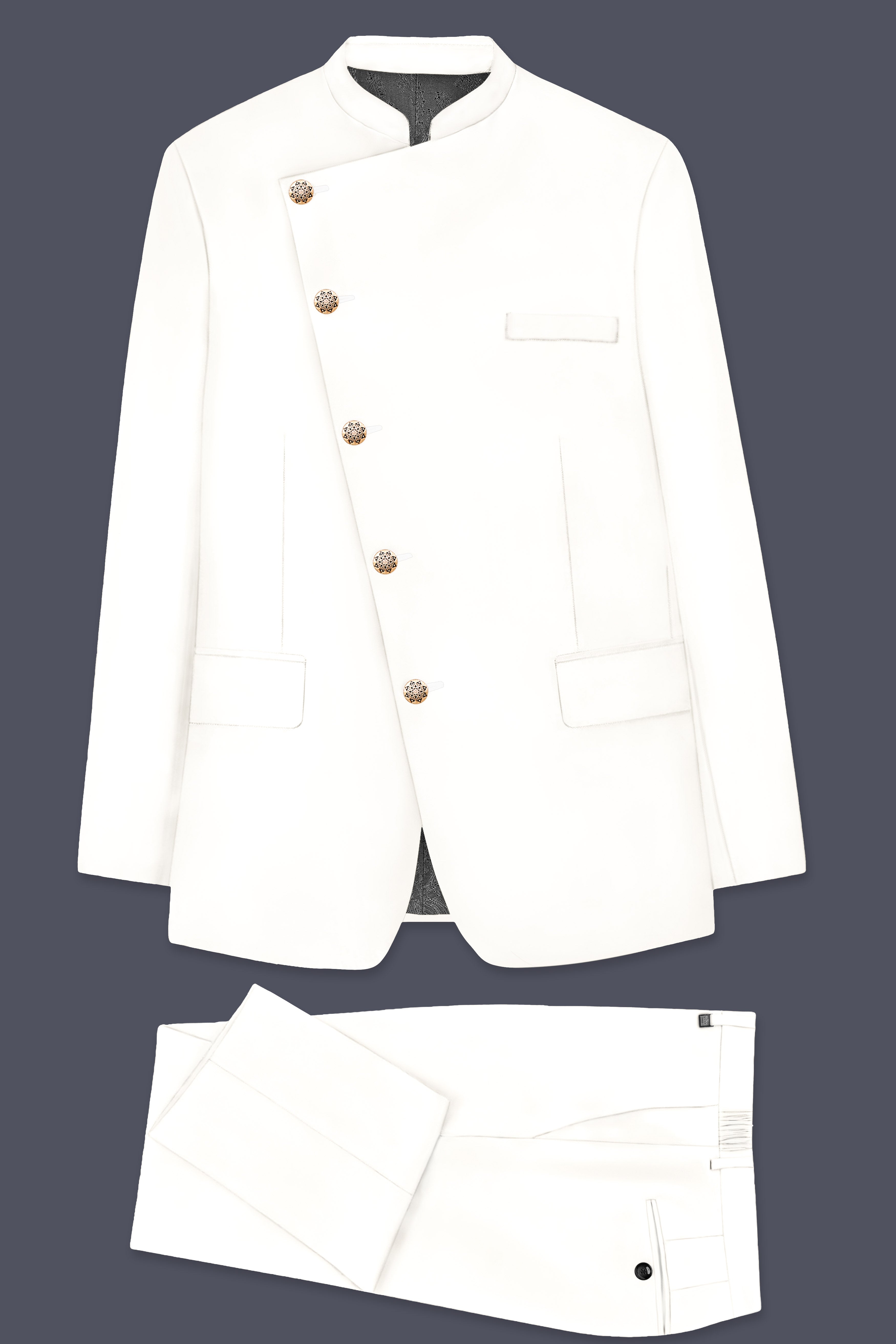 Off White Solid Wool Rich Cross Placket Bandhgala Slight Stretch Suit