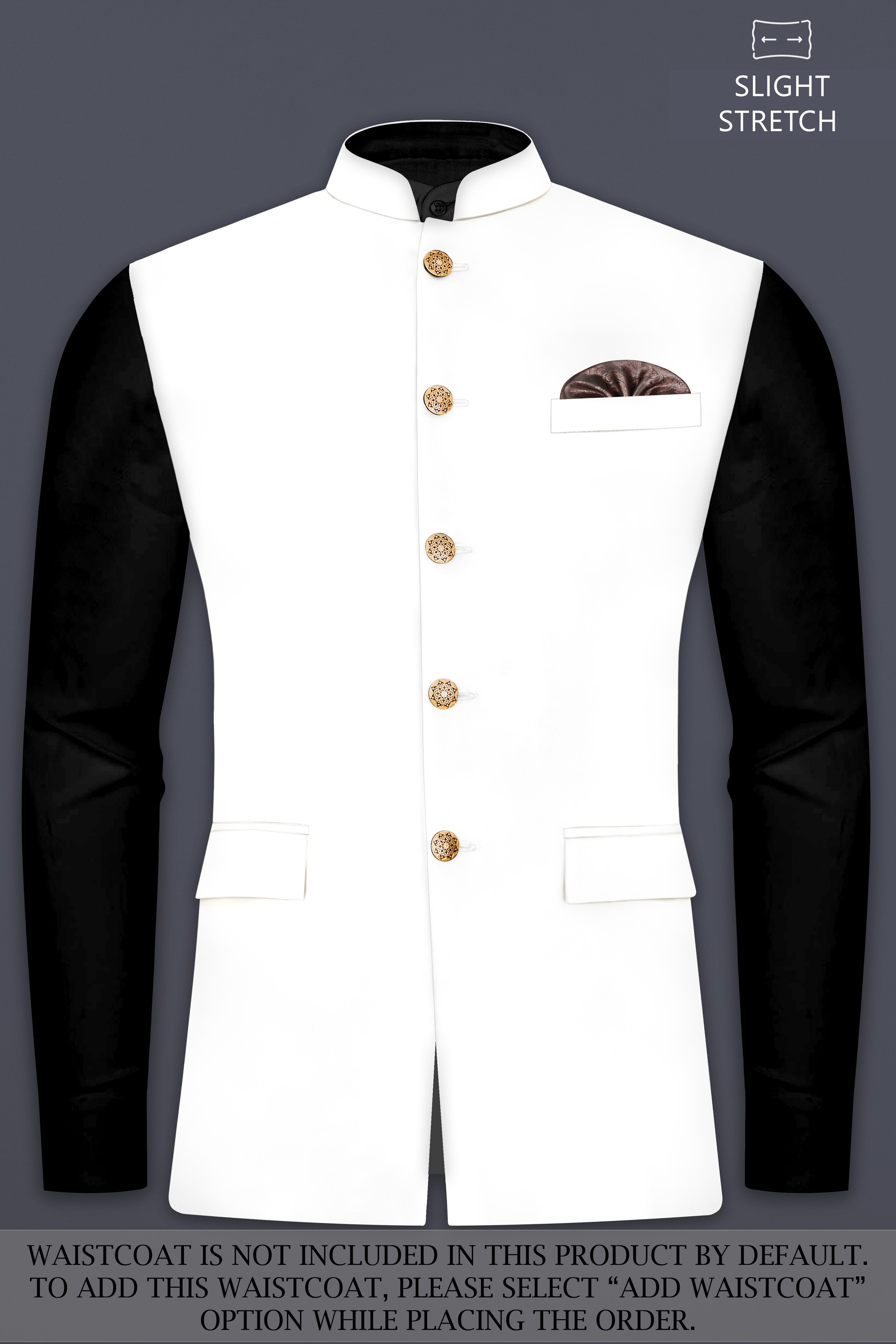 Off White Solid Wool Rich Cross Placket Bandhgala Slight Stretch Suit