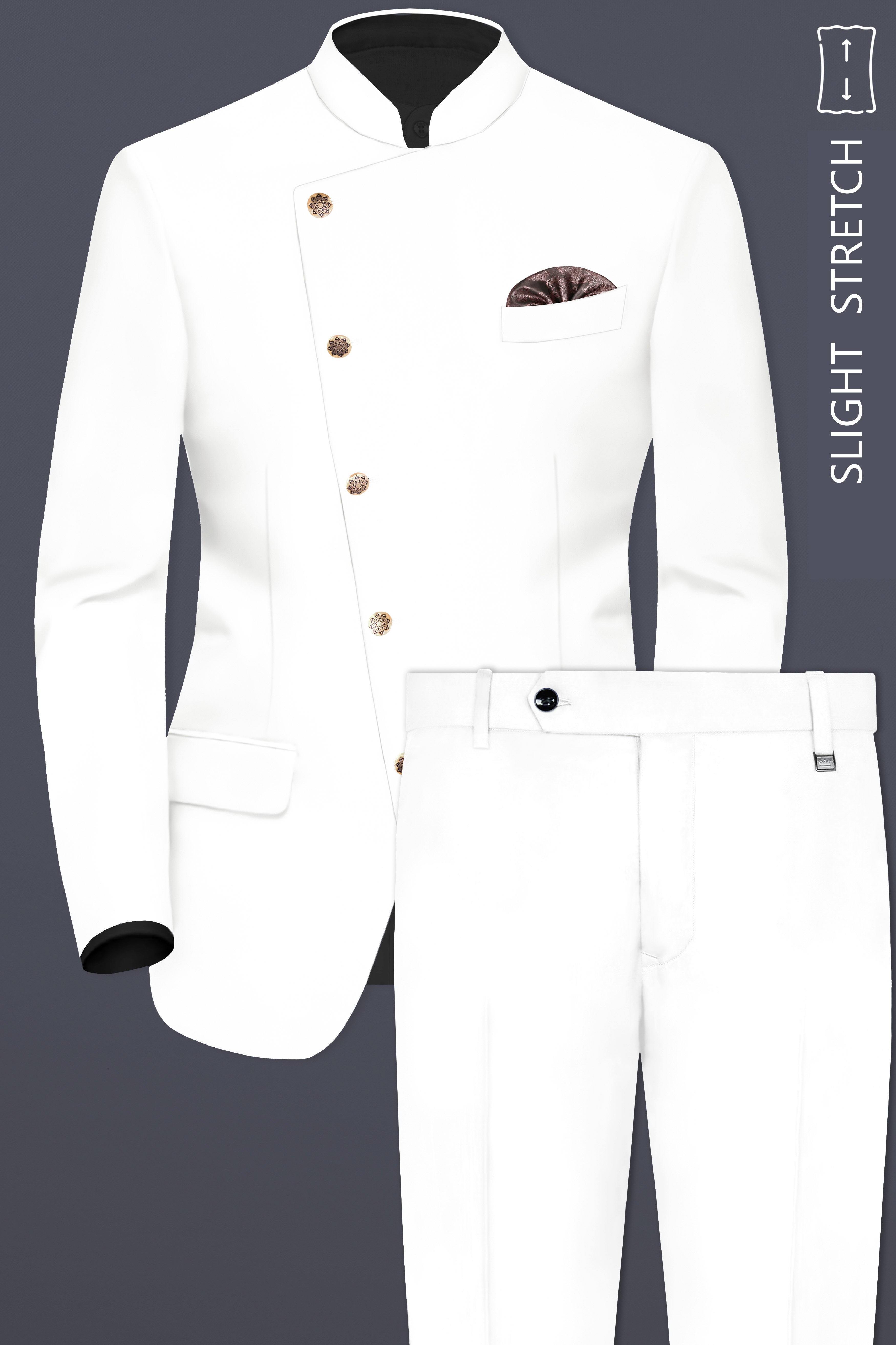 Off White Solid Wool Rich Cross Placket Bandhgala Slight Stretch Suit