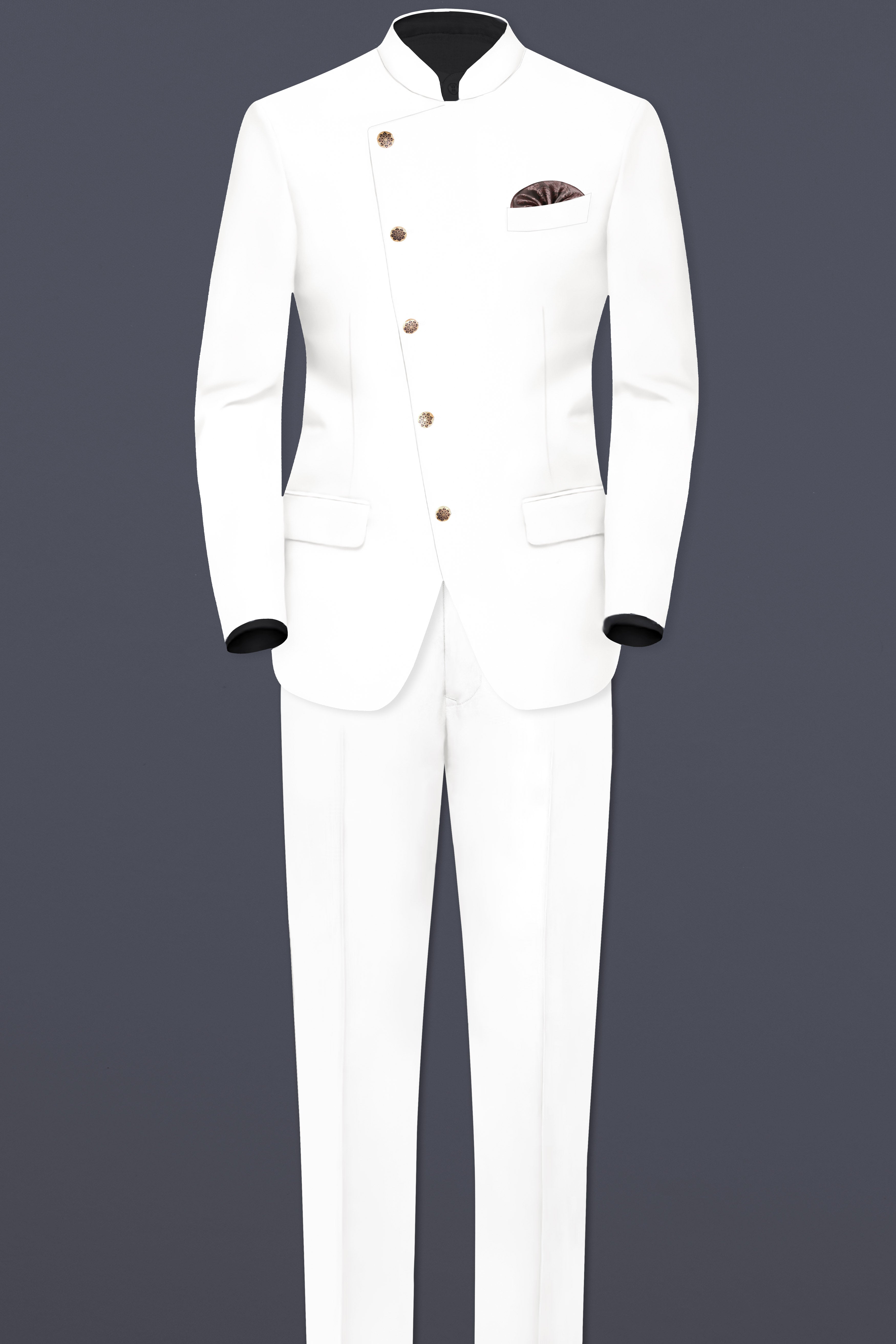 Off White Solid Wool Rich Cross Placket Bandhgala Slight Stretch Suit