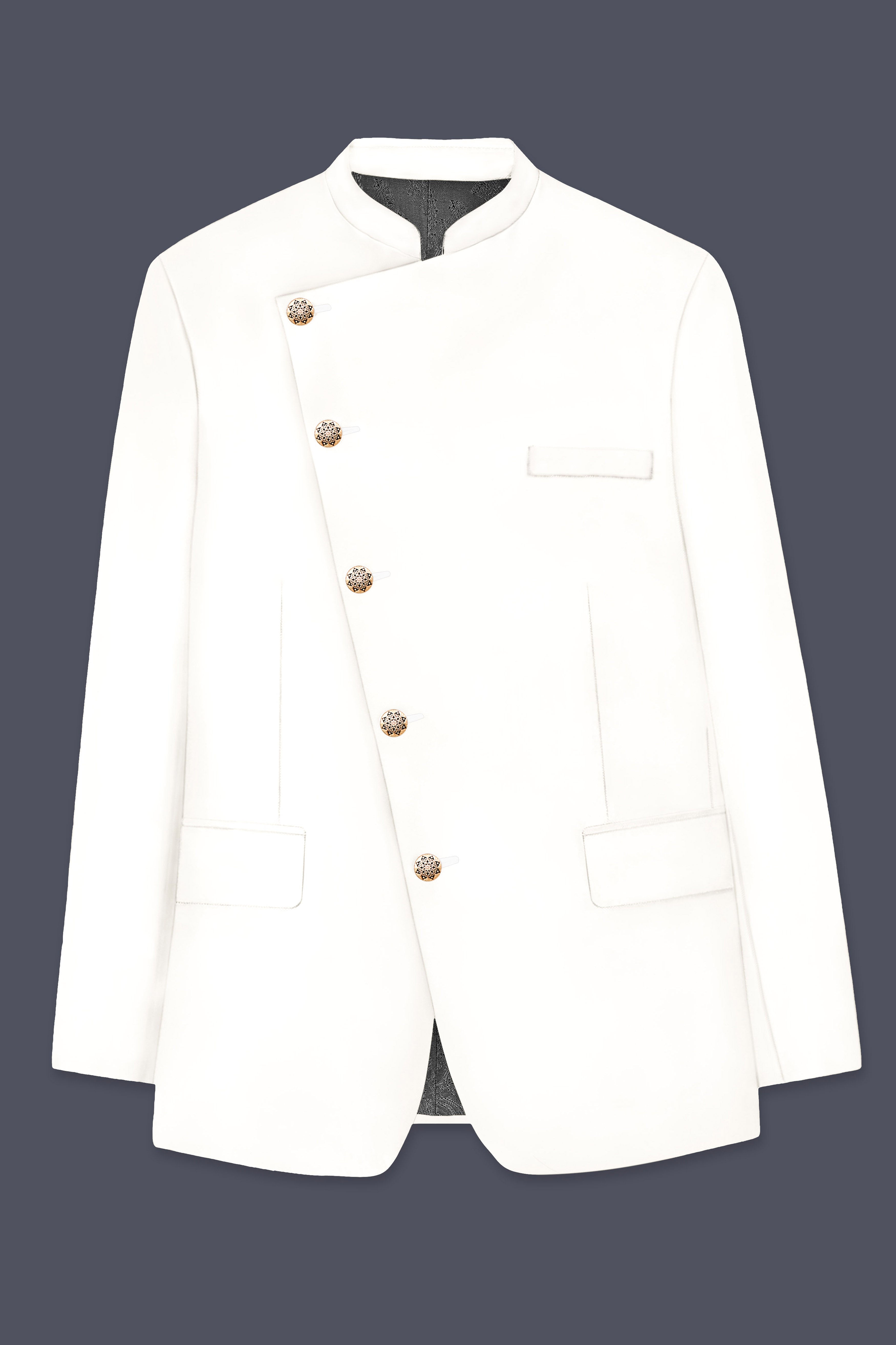 Off White Solid Wool Rich Cross Placket Bandhgala Slight Stretch Suit