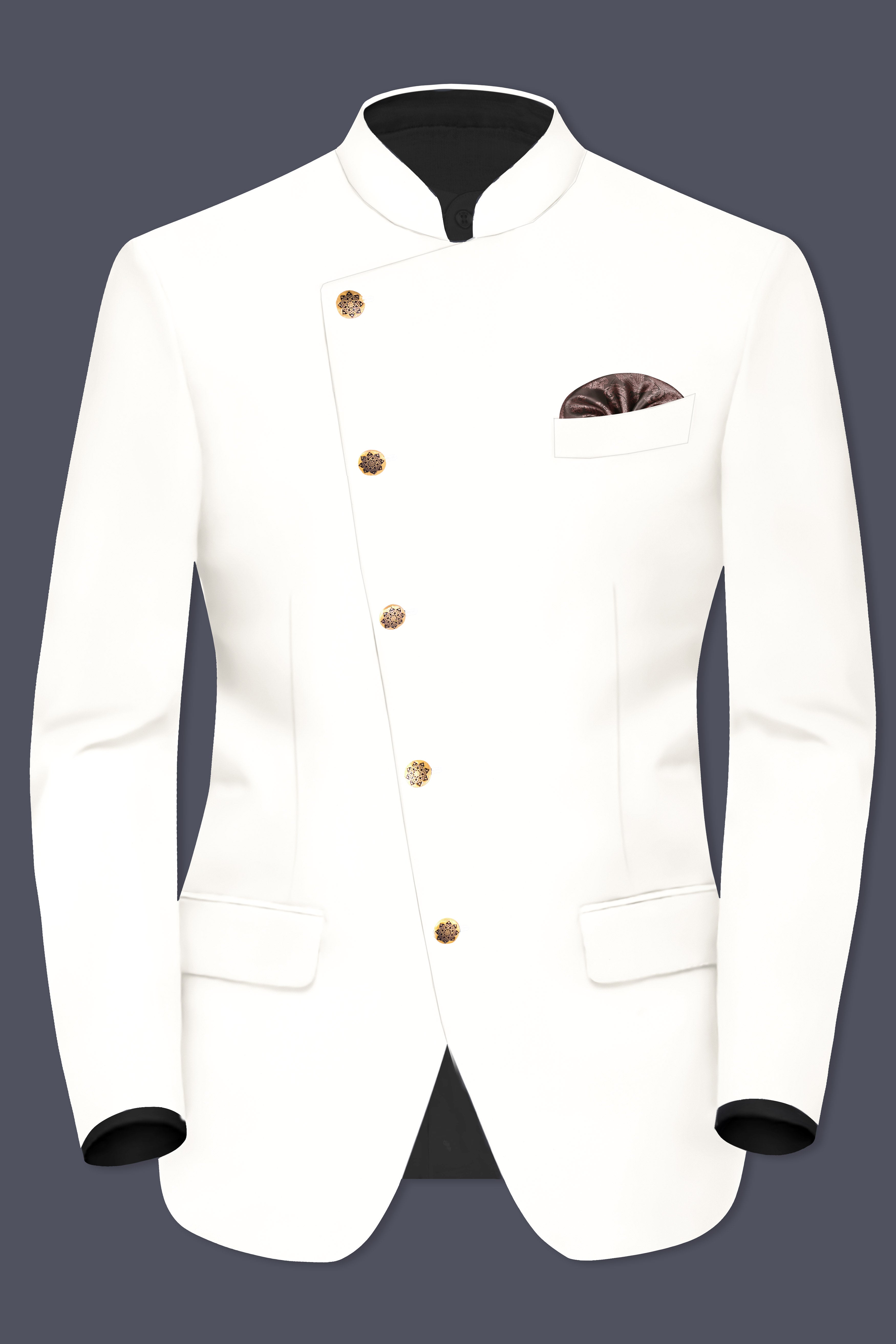 Off White Solid Wool Rich Cross Placket Bandhgala Suit