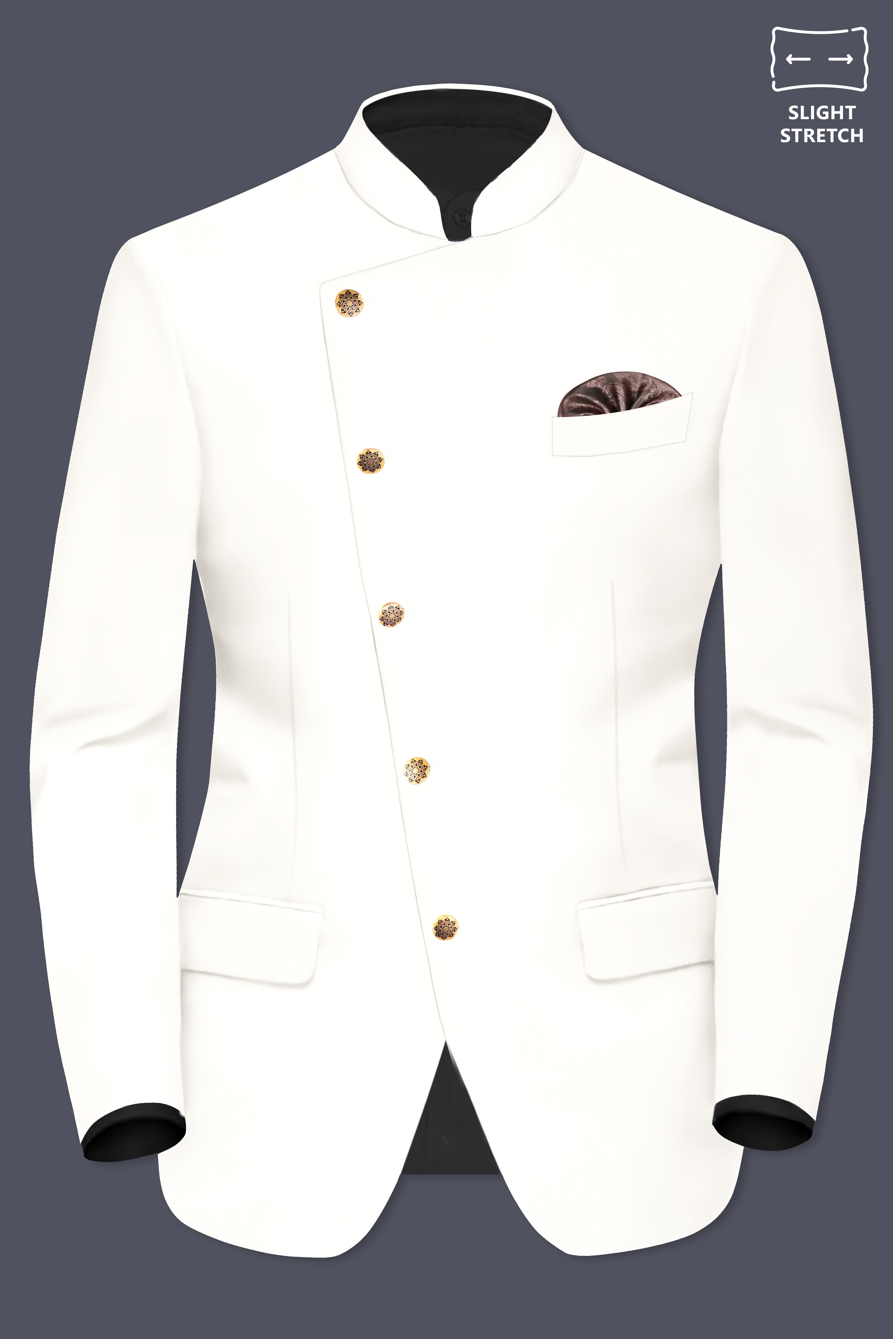 Off White Solid Wool Rich Cross Placket Bandhgala Slight Stretch Suit