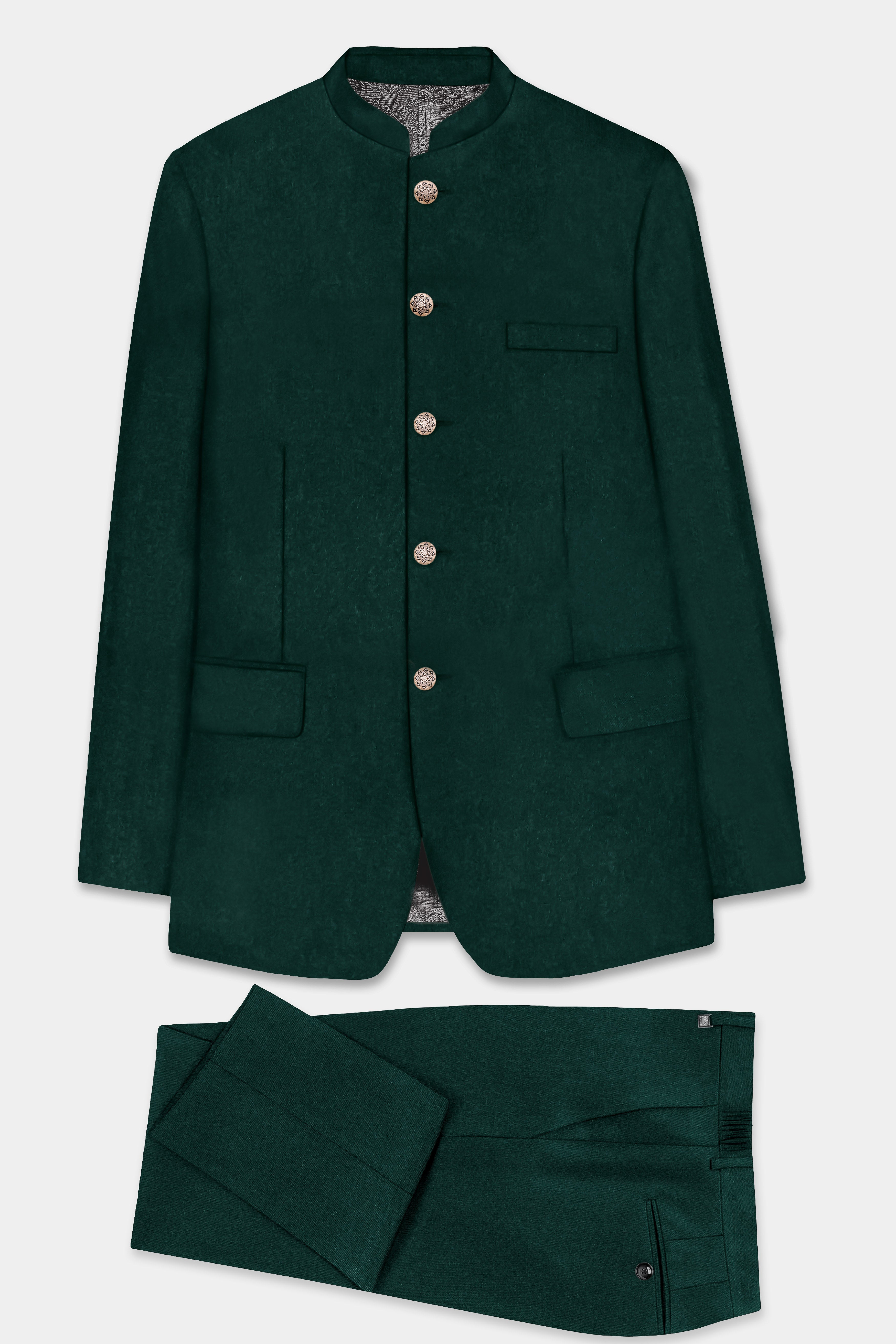 Emerald-Zucchini Green Solid Wool Rich Bandhgala Slight Stretch Suit