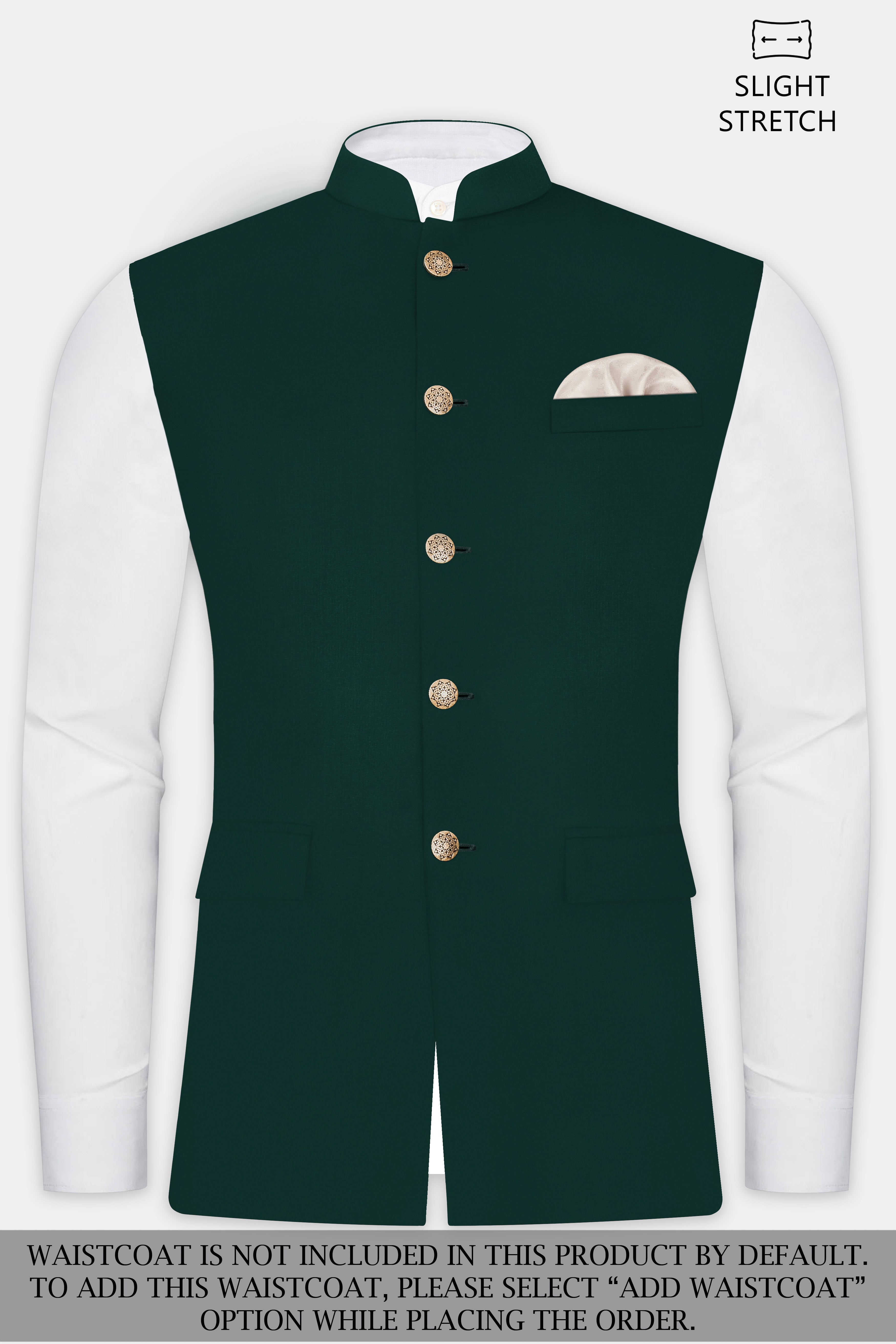 Emerald-Zucchini Green Solid Wool Rich Bandhgala Slight Stretch Suit