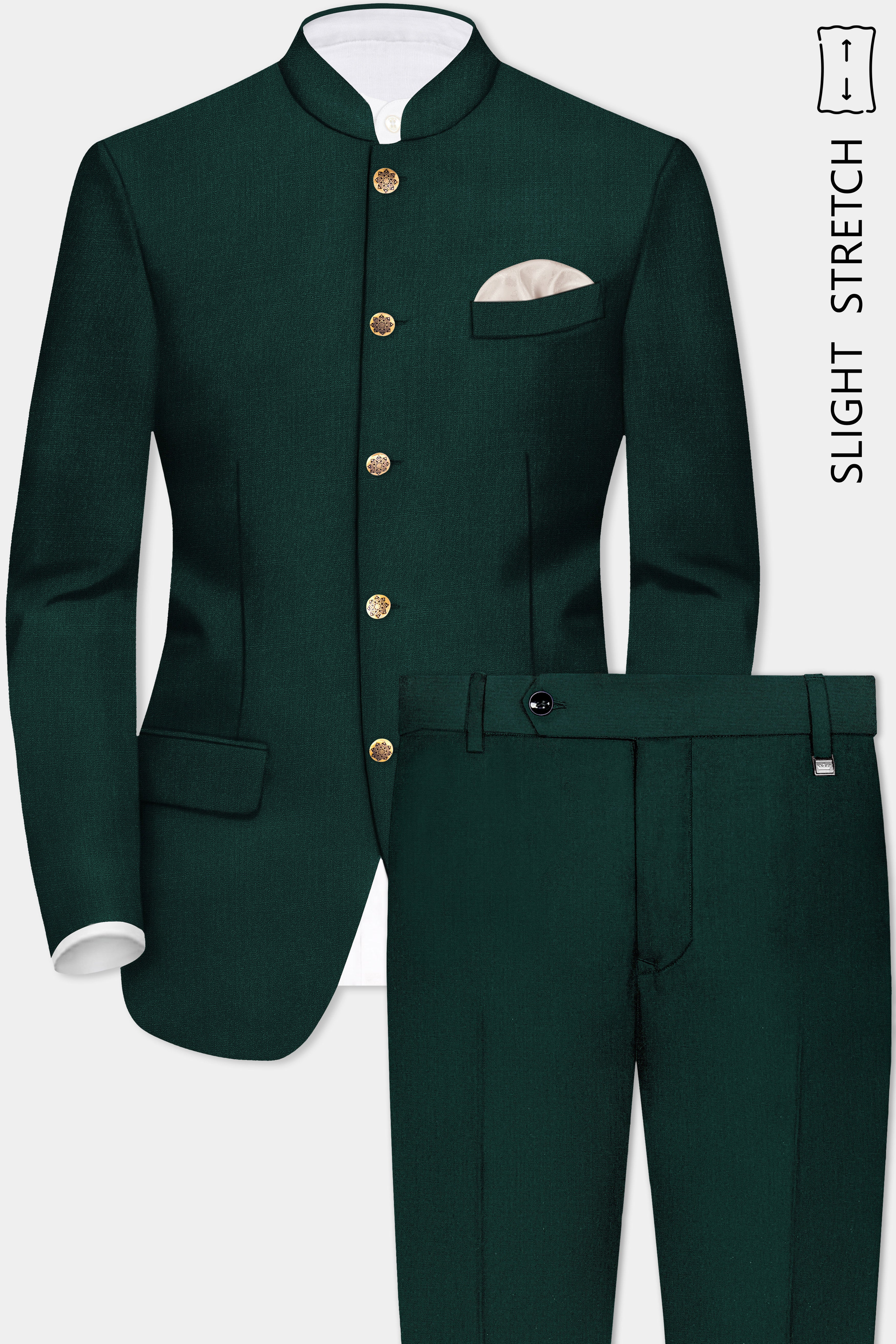 Emerald-Zucchini Green Solid Wool Rich Bandhgala Slight Stretch Suit