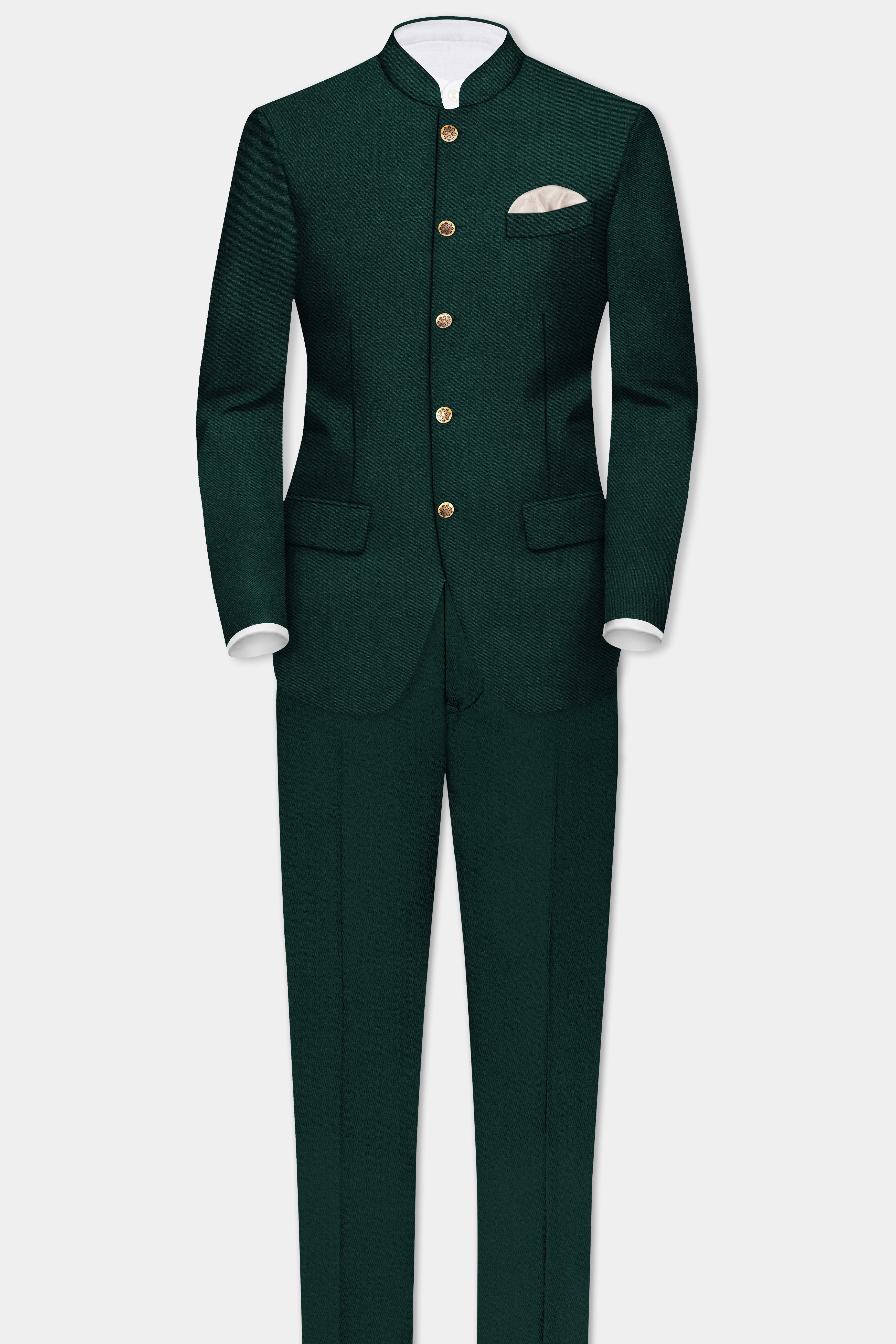 Emerald-Zucchini Green Solid Wool Rich Bandhgala Slight Stretch Suit
