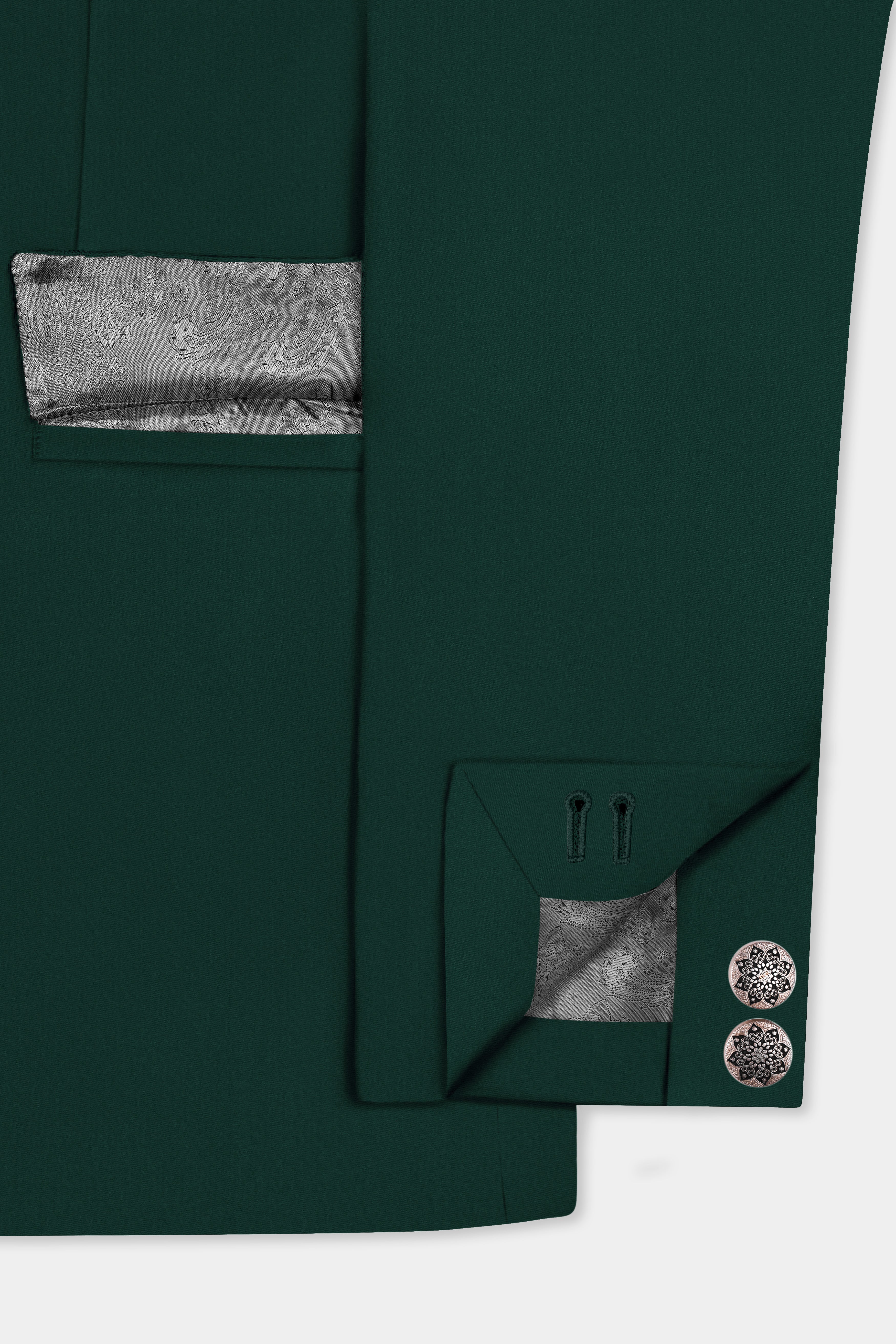 Emerald-Zucchini Green Solid Wool Rich Bandhgala Slight Stretch Suit