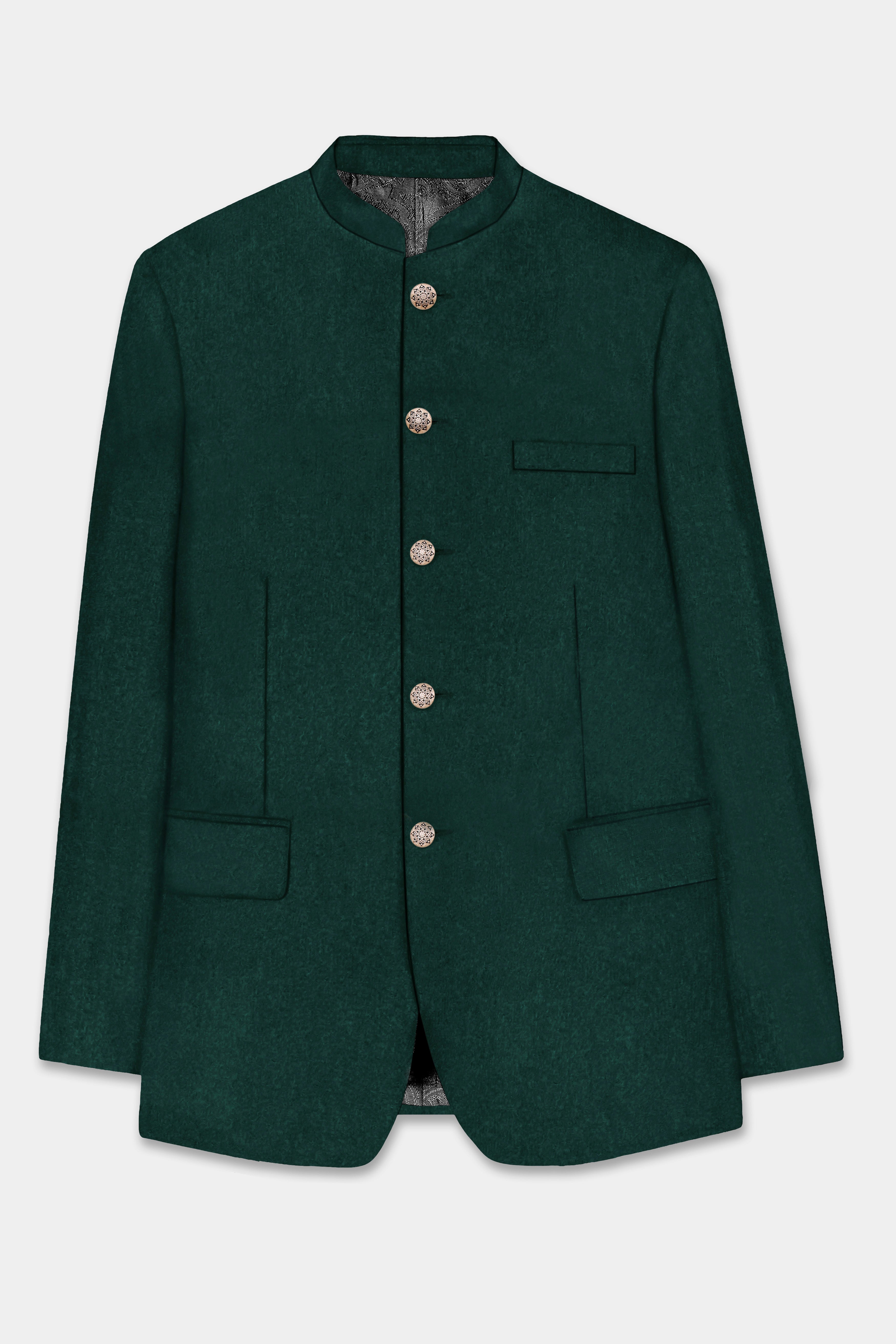 Emerald-Zucchini Green Solid Wool Rich Bandhgala Slight Stretch Suit