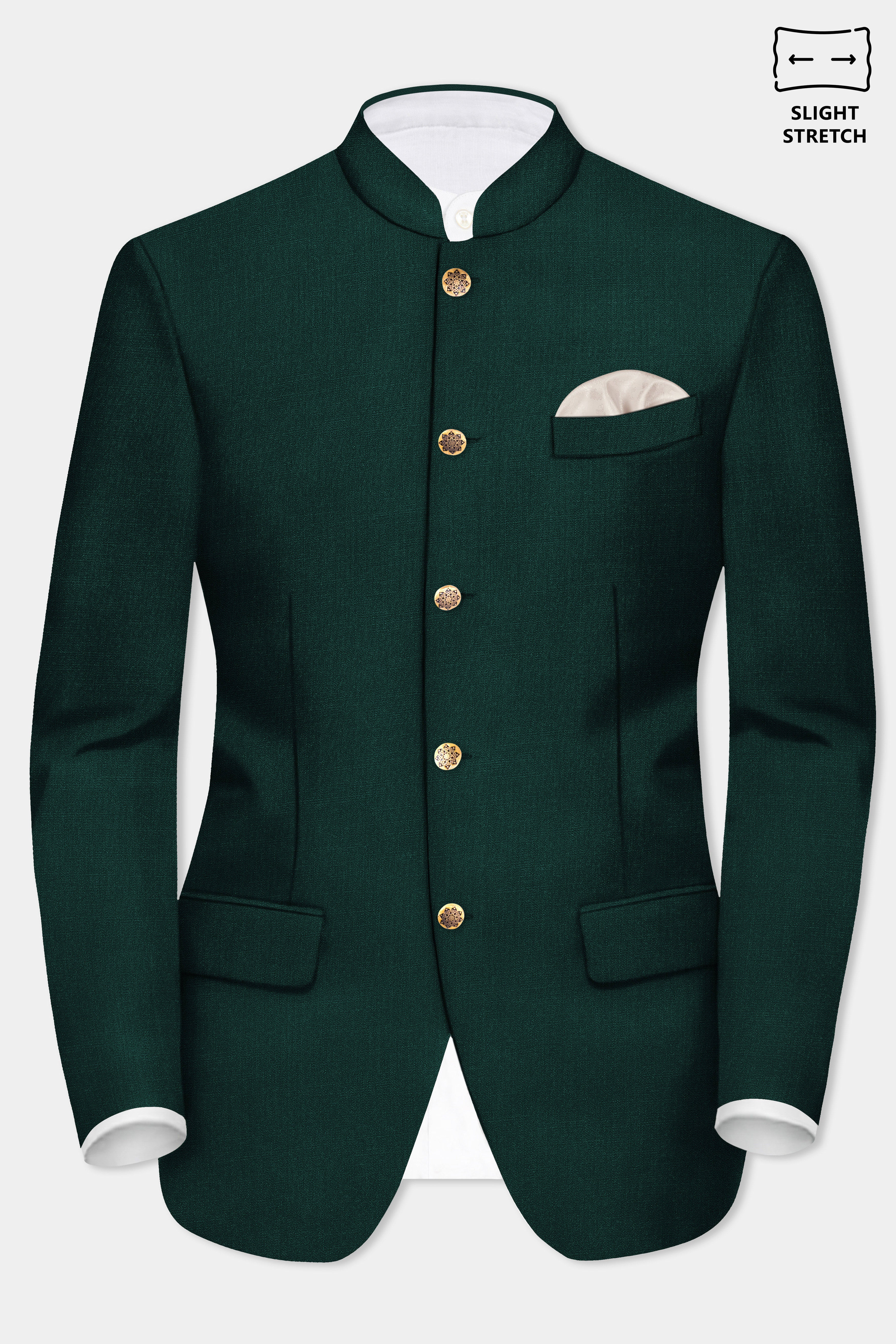 Emerald-Zucchini Green Solid Wool Rich Bandhgala Slight Stretch Suit