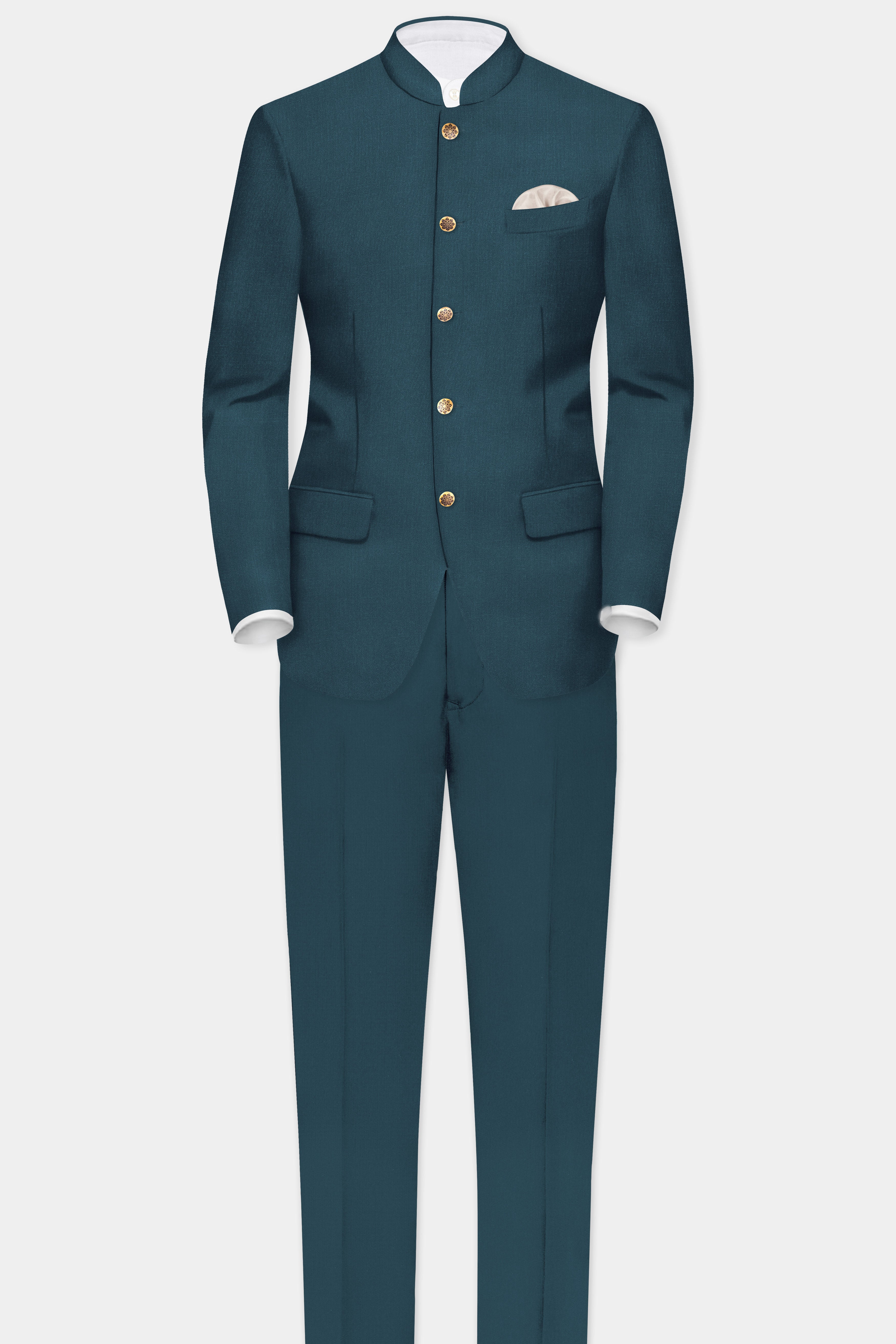 Prestige-Dianne Green Solid Wool Rich Bandhgala Slight Stretch Suit