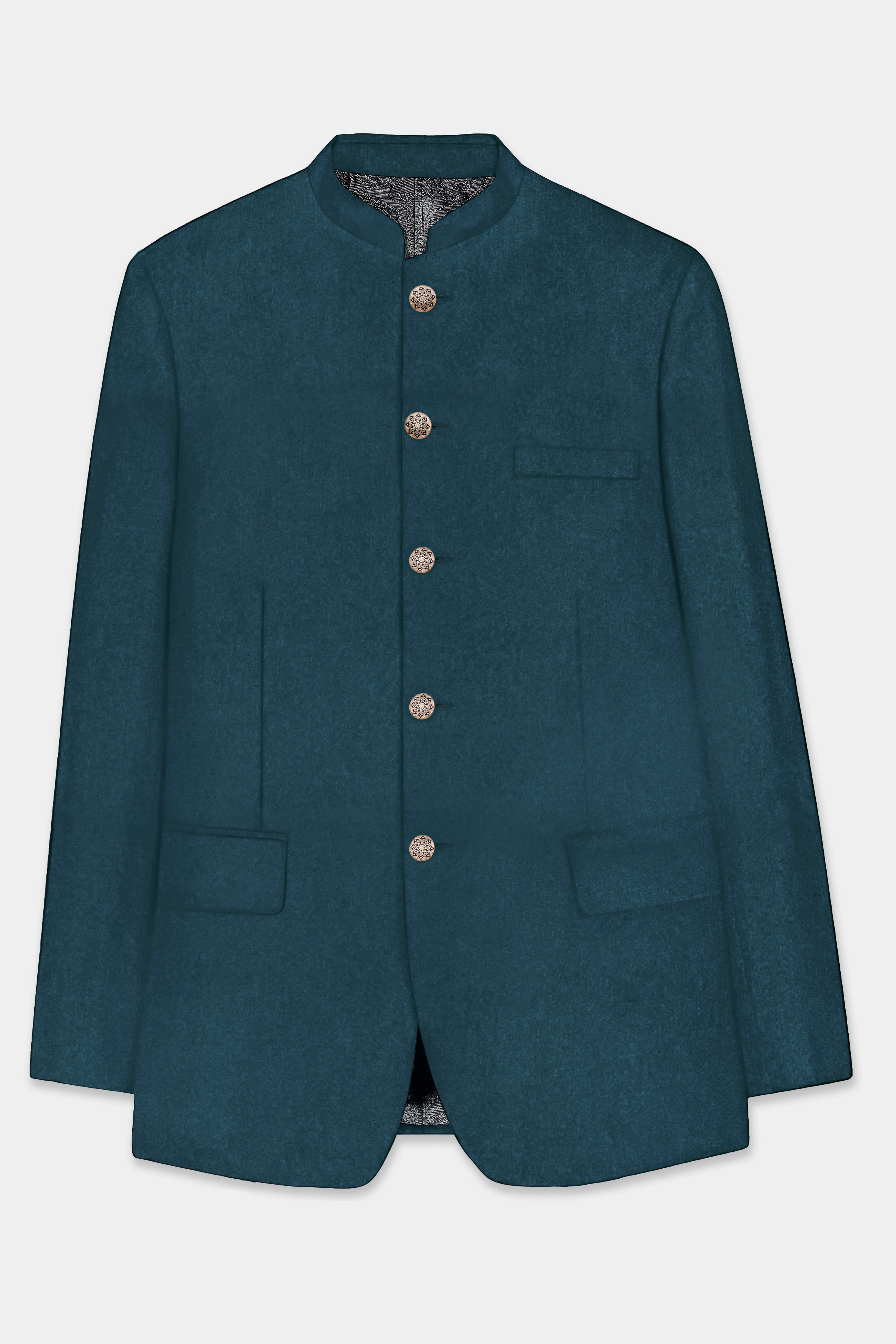 Prestige-Dianne Green Solid Wool Rich Bandhgala Slight Stretch Suit